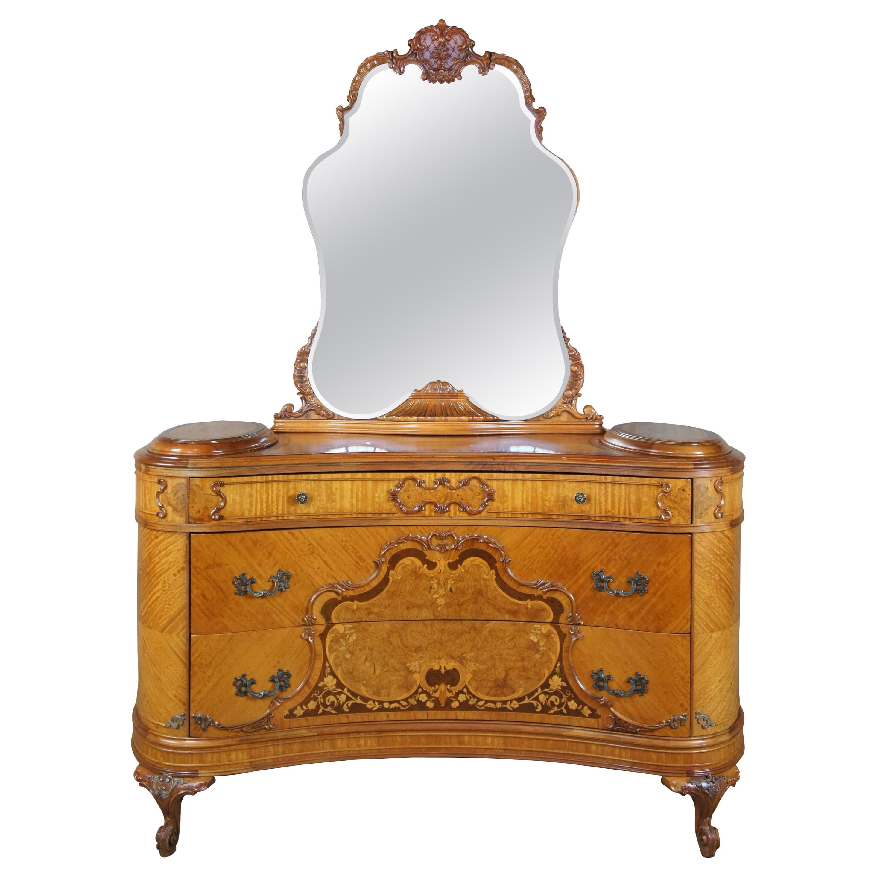 Monumental Antique French Art Deco Walnut Burled Vanity Dresser and Mirror