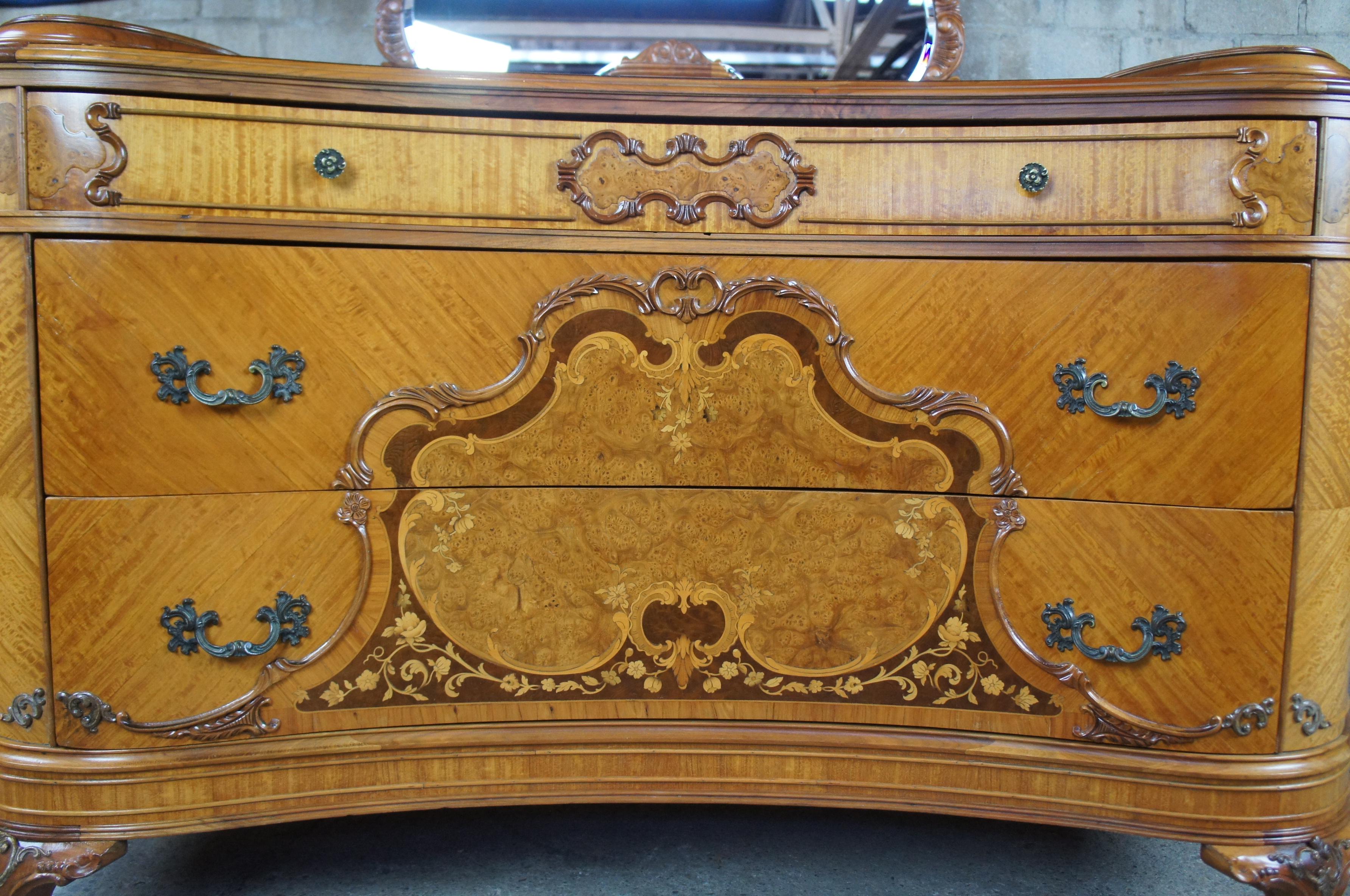 Monumental Antique French Art Deco Walnut Burled Vanity Dresser and Mirror In Good Condition In Dayton, OH