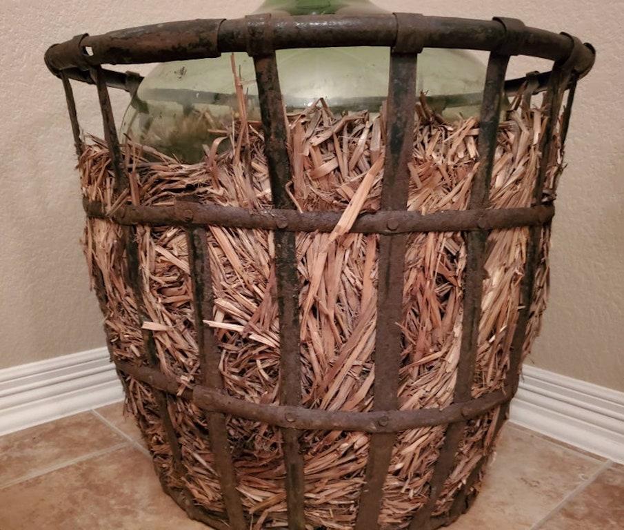 19th Century Monumental Antique French Demijohn & Vintner Iron Basket