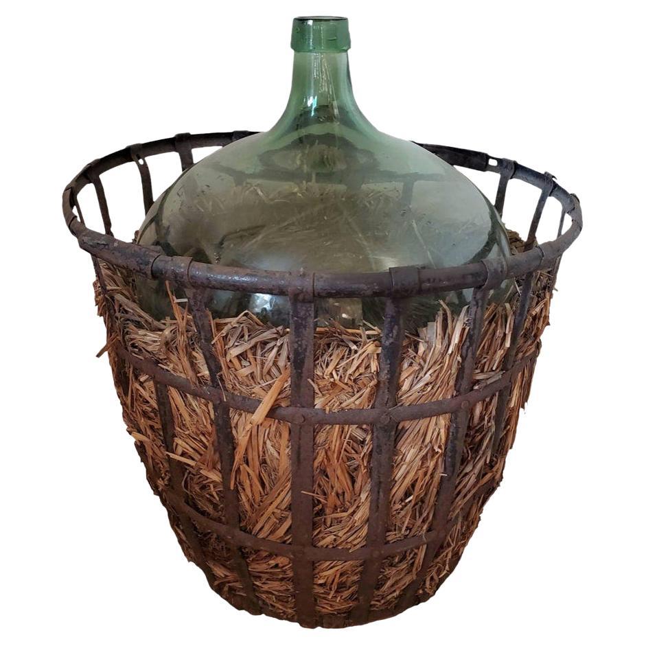 Monumental Antique French Demijohn & Vintner Iron Basket