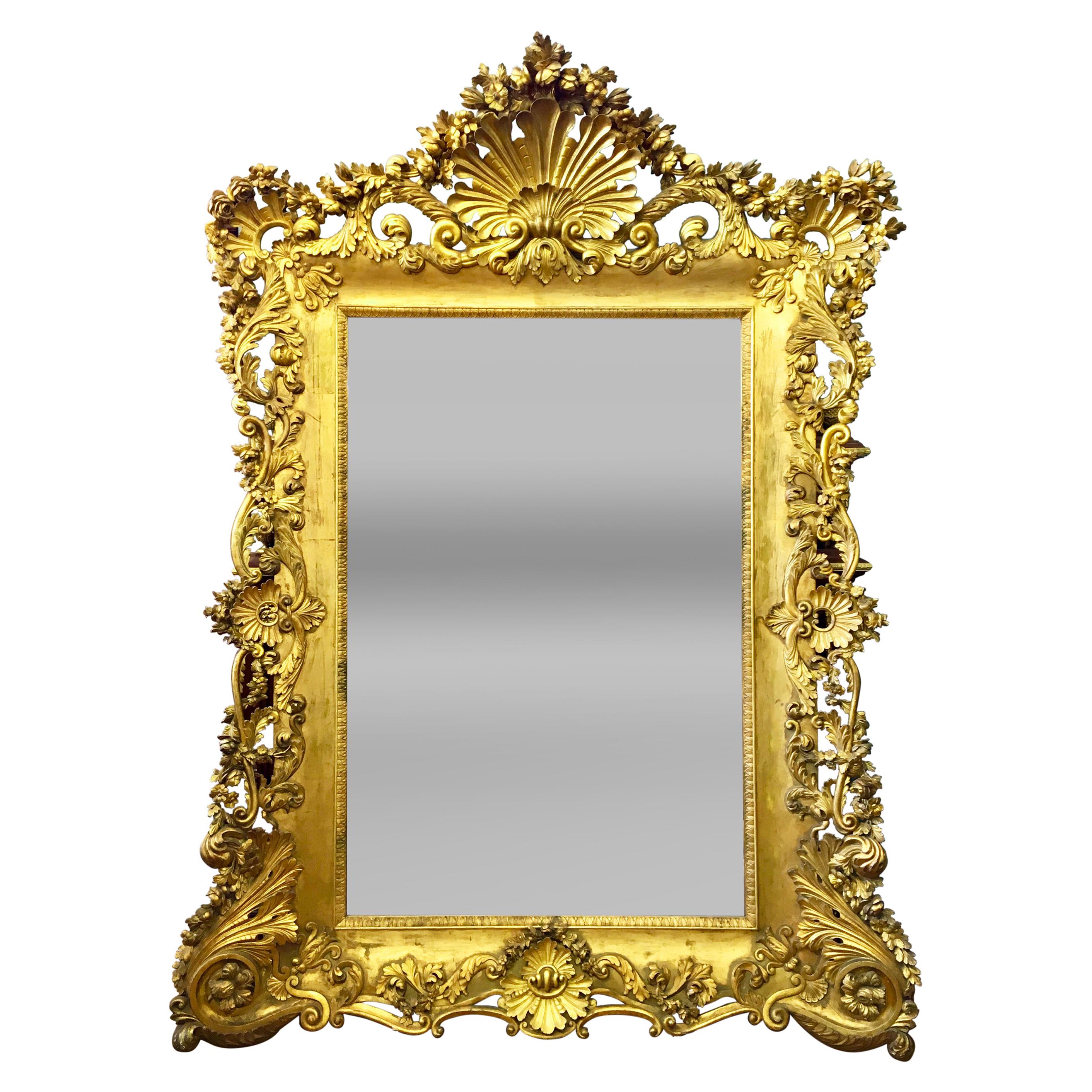 Monumental Antique French Louis XV Style Carved Giltwood Mirror For Sale