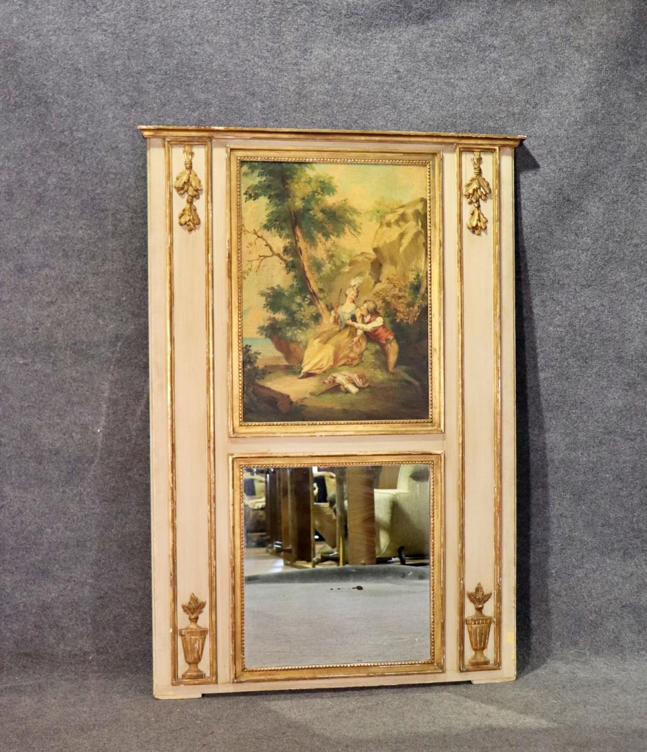 Louis XV Monumental Antique French Painted Trumeau Mirror With Courtship Scenery  For Sale
