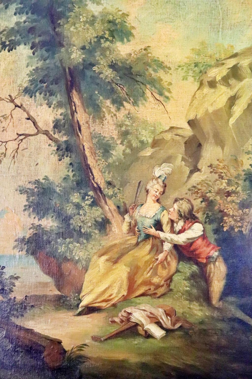 Monumentale Antike Französisch gemalt Trumeau Spiegel mit Courtship Scenery  im Zustand „Gut“ im Angebot in Swedesboro, NJ