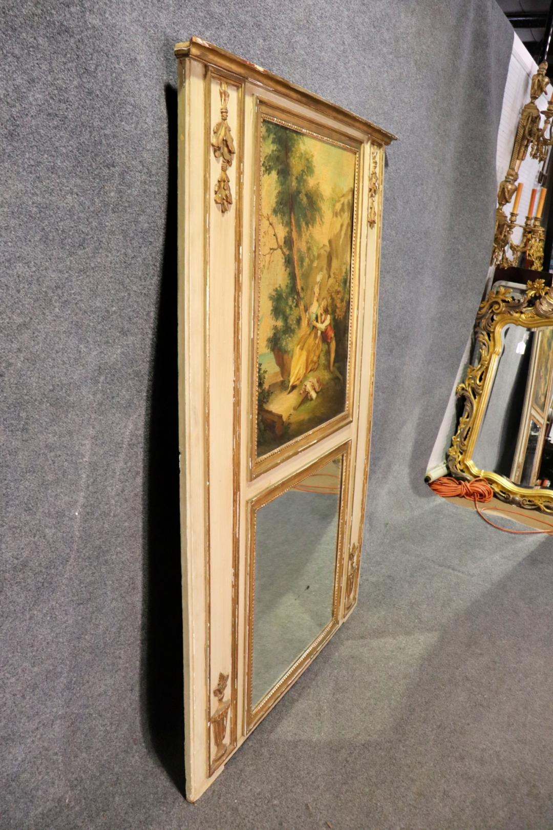 Monumental Antique French Painted Trumeau Mirror With Courtship Scenery For Sale 3