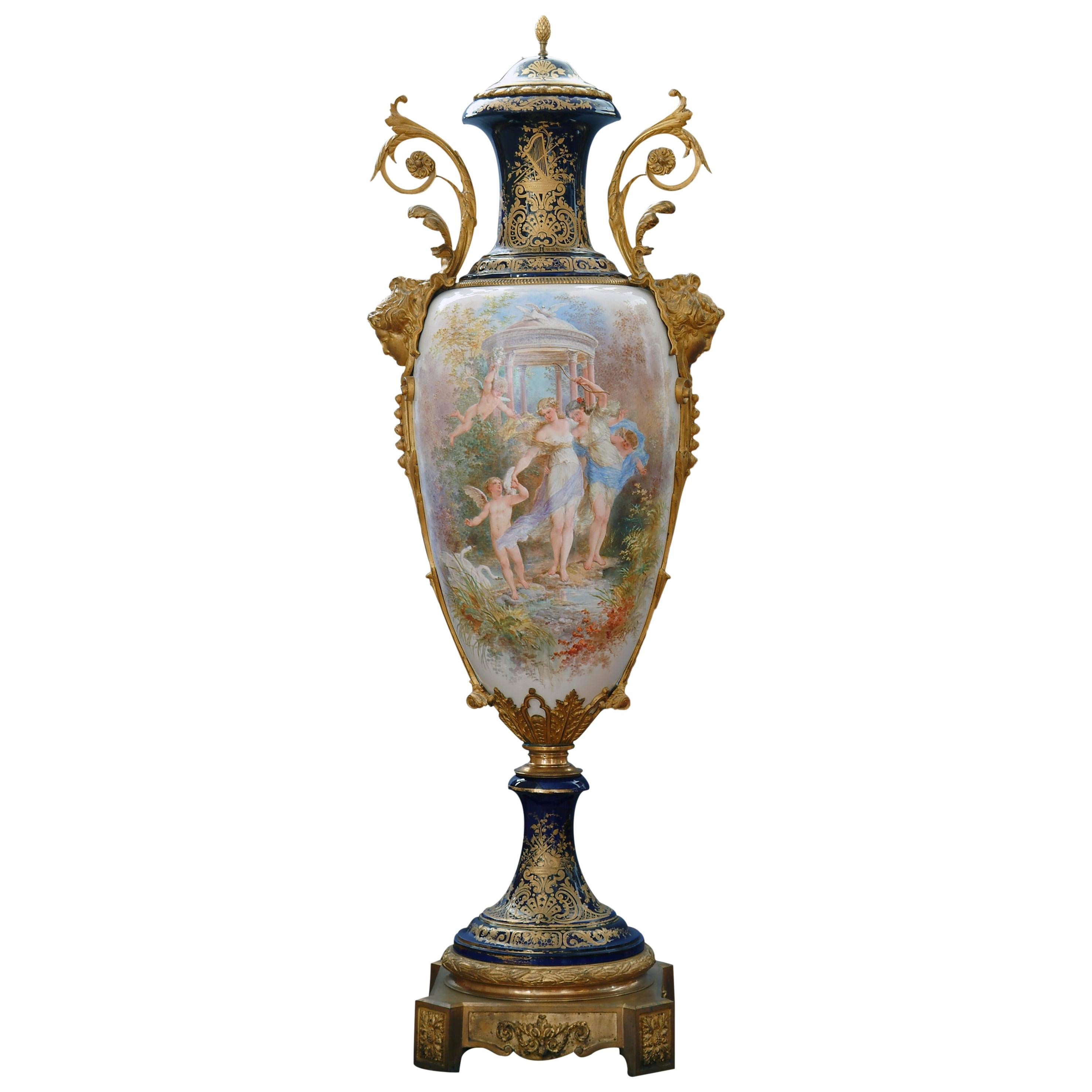 Monumental Antique French Sevres Porcelain Covered Urn - 66" tall