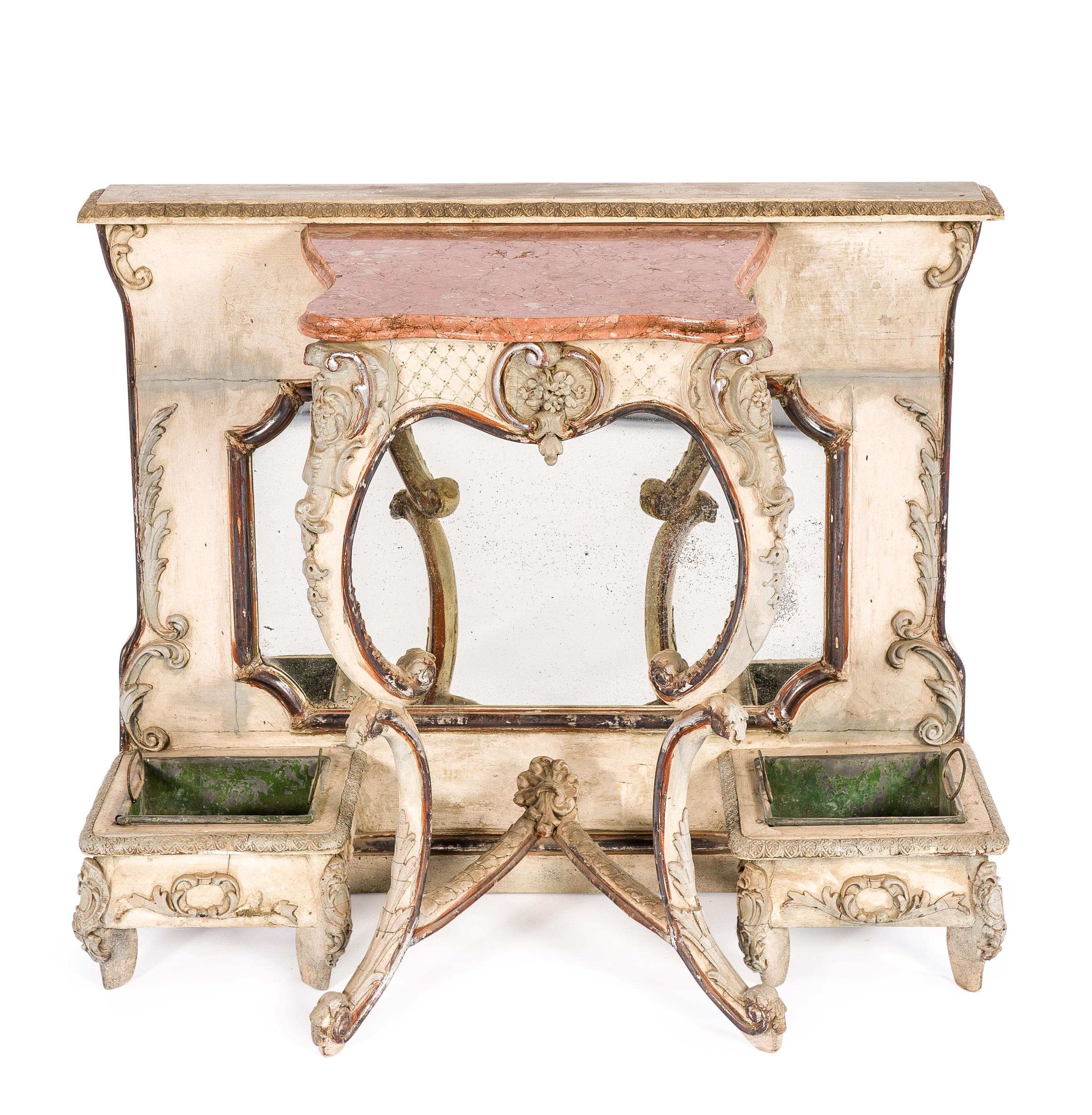 Monumentaler antiker französischer vergoldeter Blattsilber-Spiegel mit Konsolentisch (Barock) im Angebot