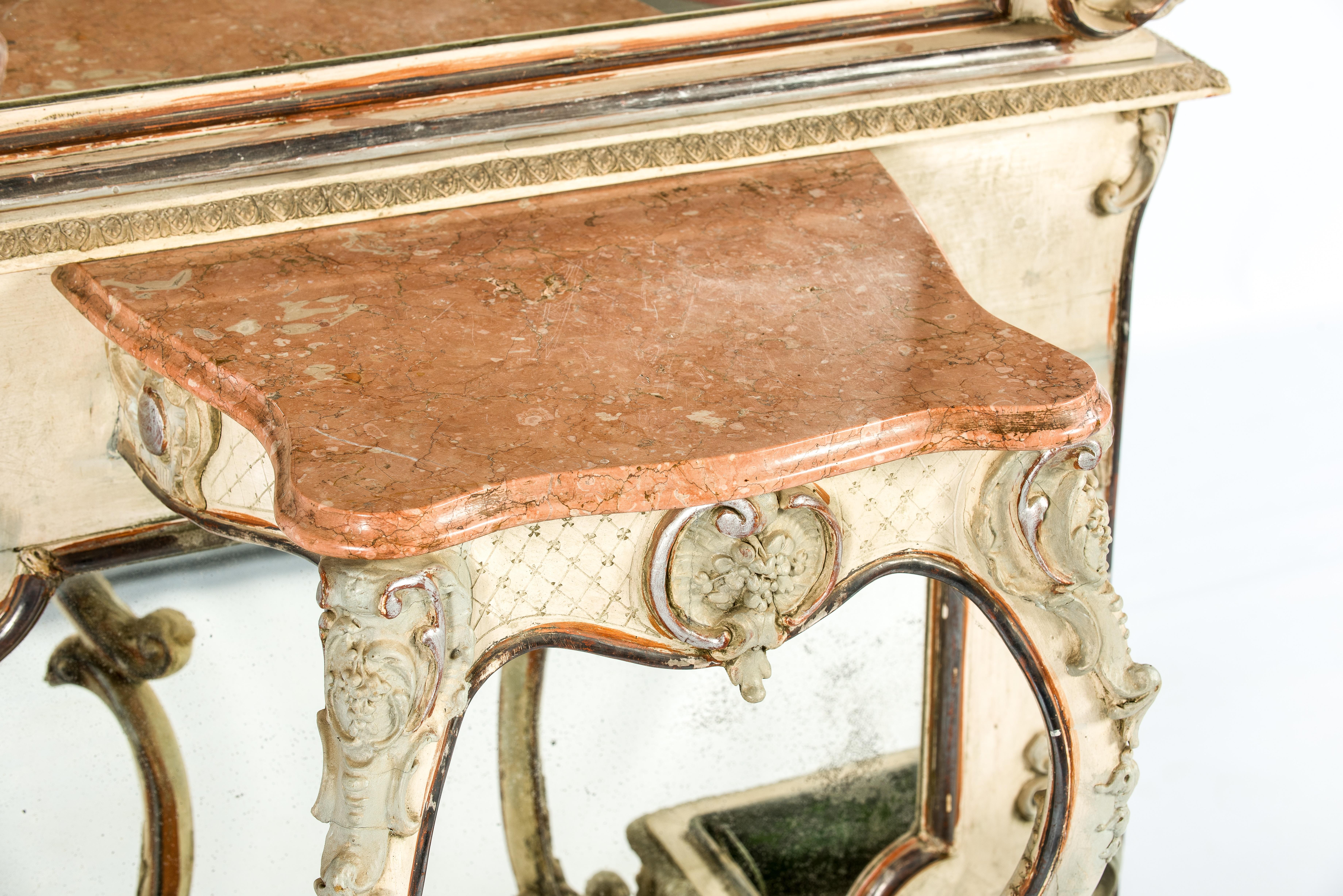 Monumentaler antiker französischer vergoldeter Blattsilber-Spiegel mit Konsolentisch (19. Jahrhundert) im Angebot