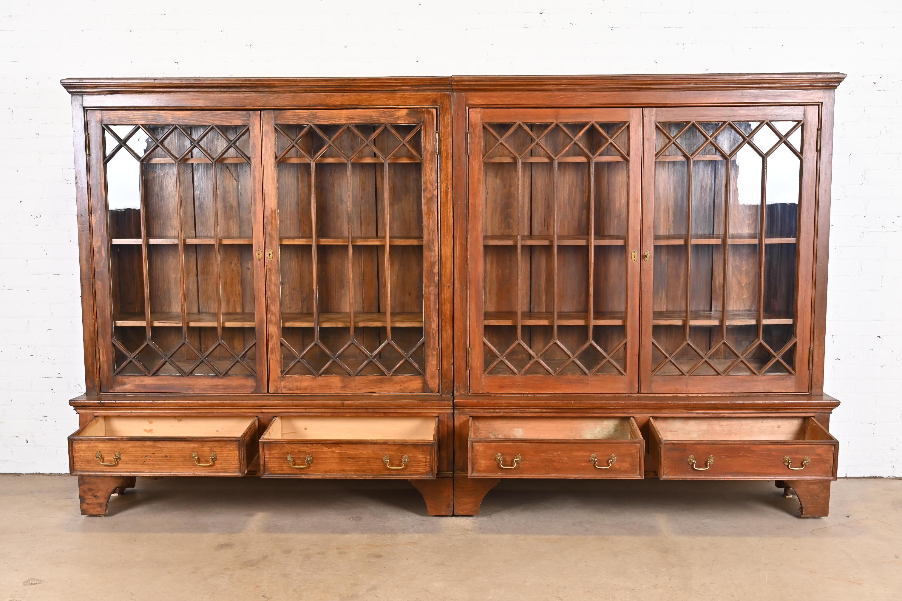 Monumental Antique Georgian Carved Pine Glass Front Four-Door Bookcase For Sale 4