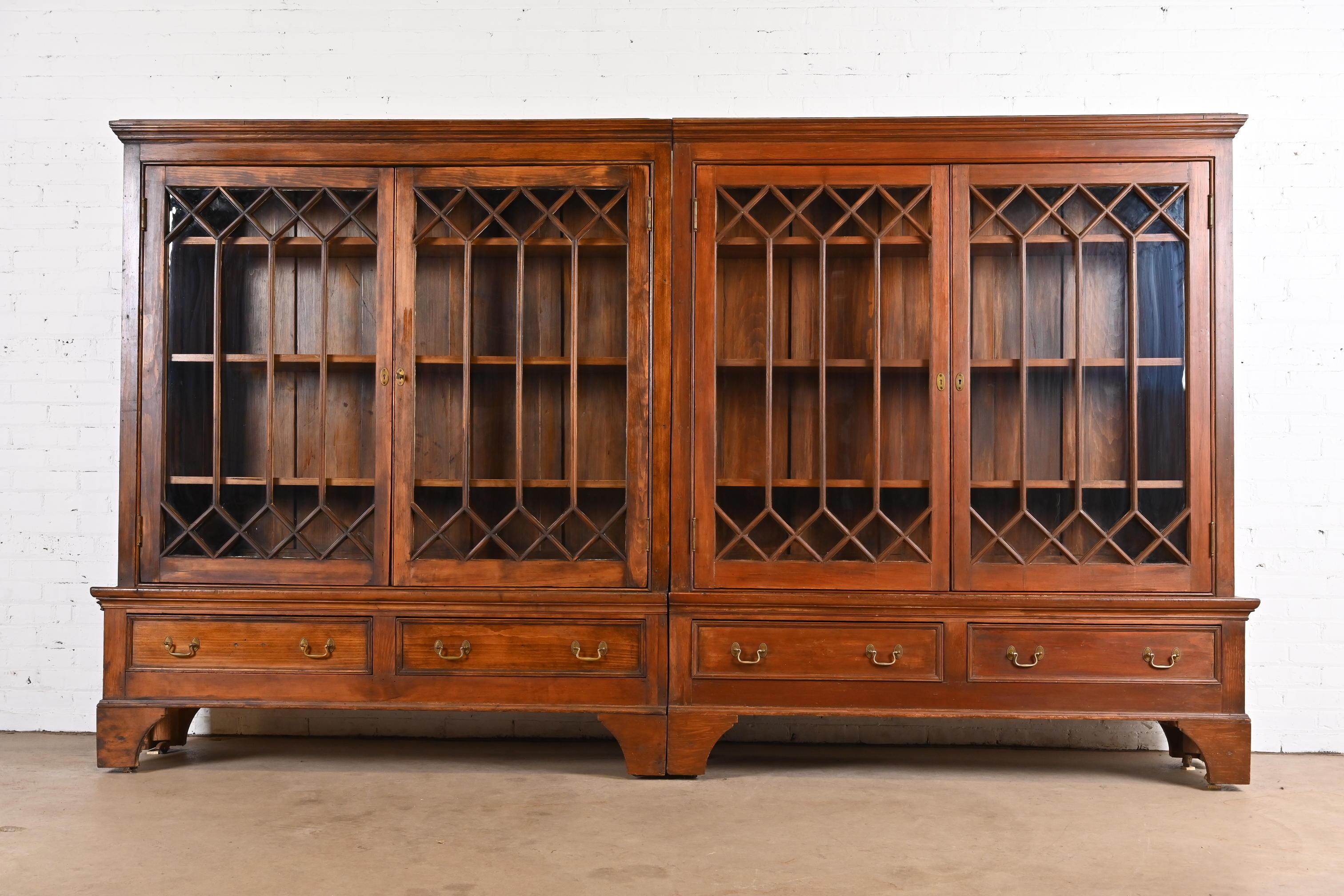 American Monumental Antique Georgian Carved Pine Glass Front Four-Door Bookcase For Sale