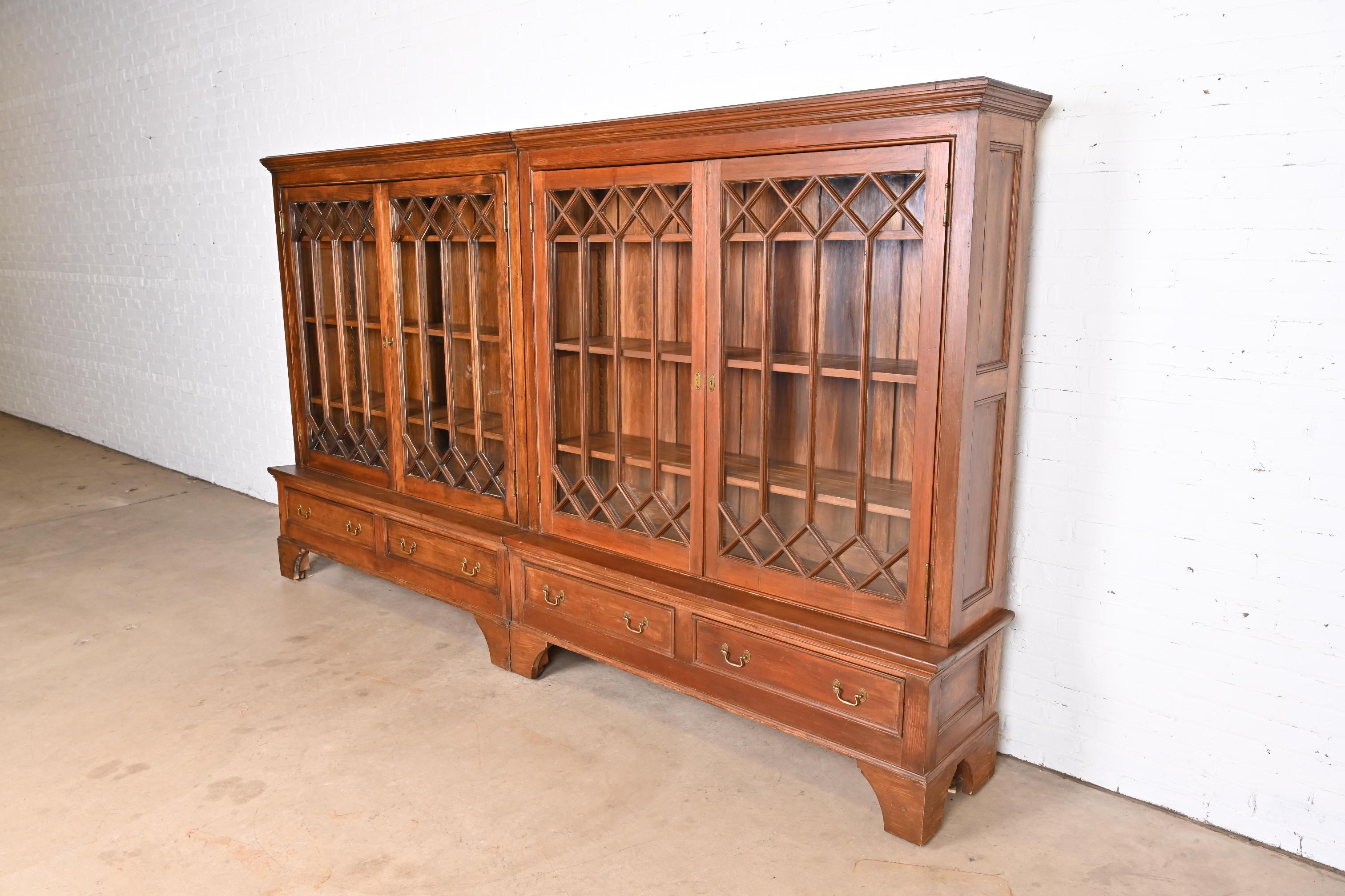 Monumental Antique Georgian Carved Pine Glass Front Four-Door Bookcase In Good Condition For Sale In South Bend, IN