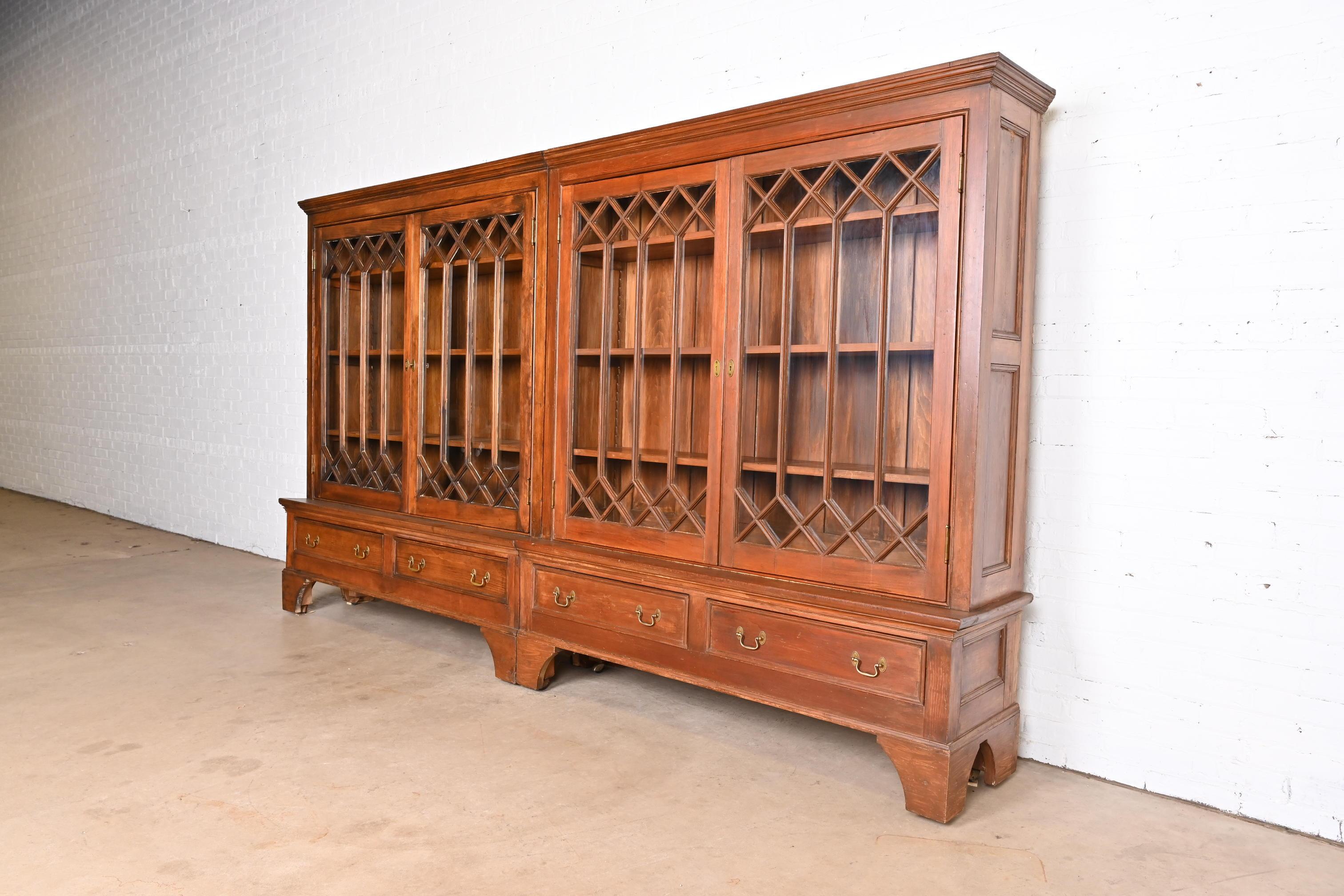 20th Century Monumental Antique Georgian Carved Pine Glass Front Four-Door Bookcase For Sale