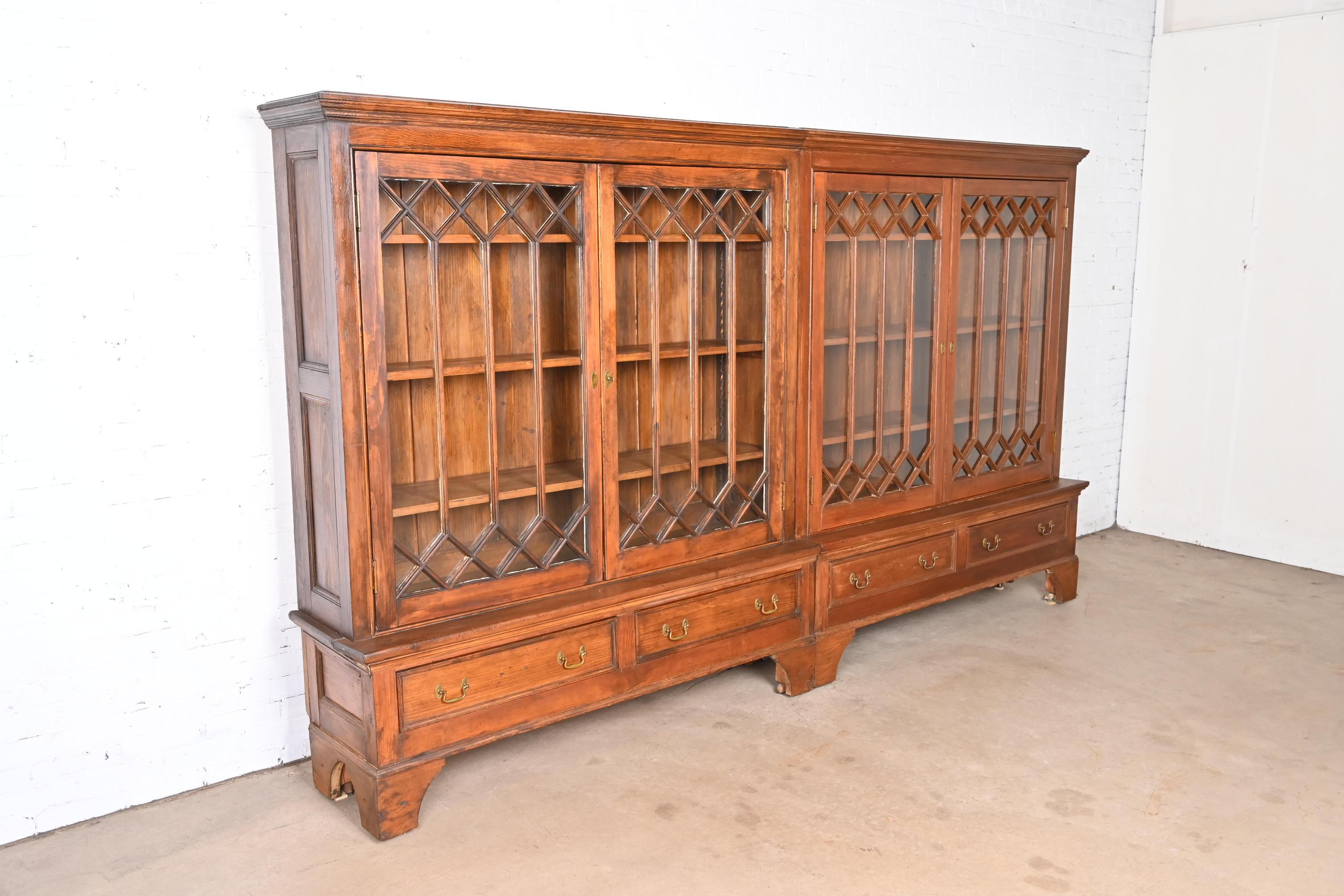 Brass Monumental Antique Georgian Carved Pine Glass Front Four-Door Bookcase For Sale