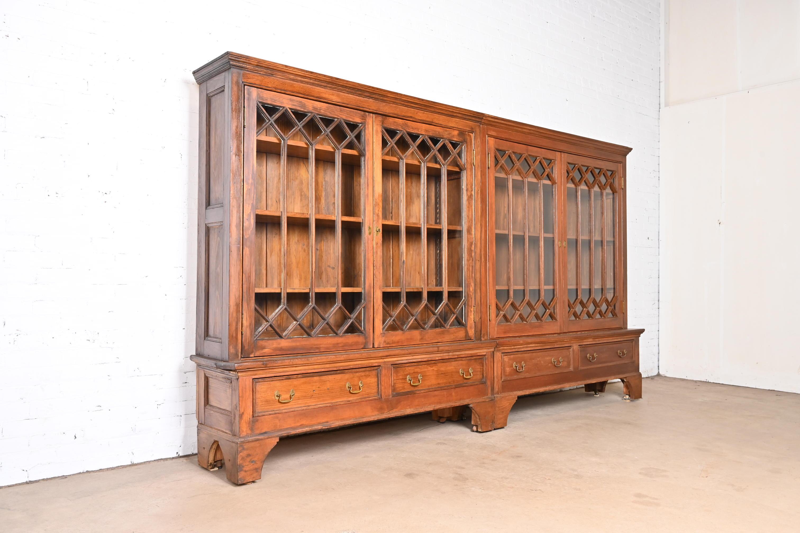 Monumental Antique Georgian Carved Pine Glass Front Four-Door Bookcase For Sale 1