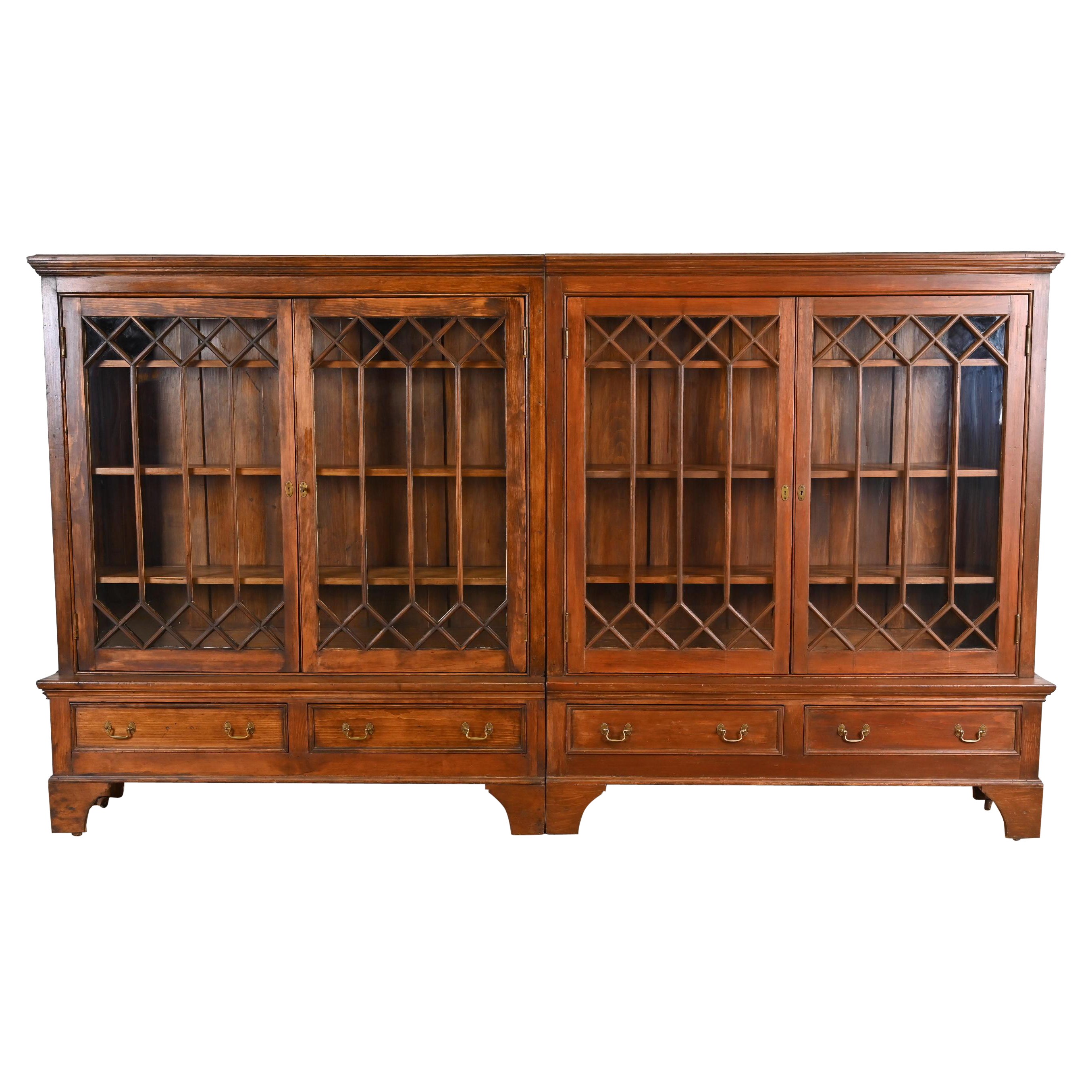 Monumental Antique Georgian Carved Pine Glass Front Four-Door Bookcase