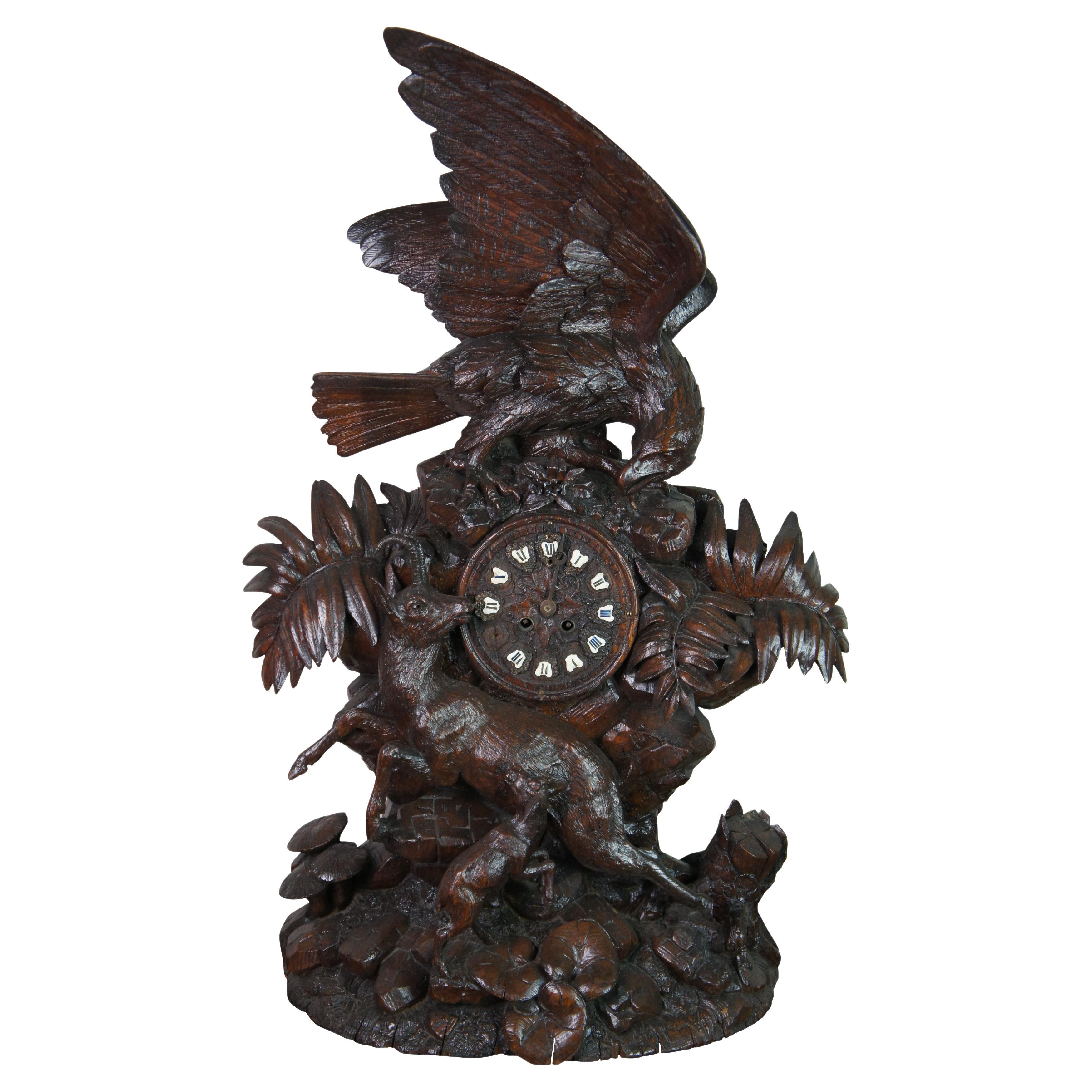 Monumental Antique German Black Forest Eagle Chamois Mantel Hunt Clock