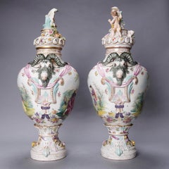Monumental Antique German Meissen Hand Painted Figural Porcelain Urns