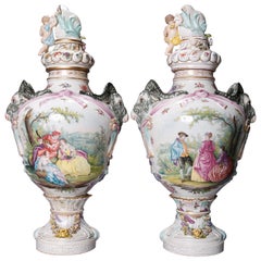 Monumental Antique German Meissen Hand Painted Figural Porcelain Urns