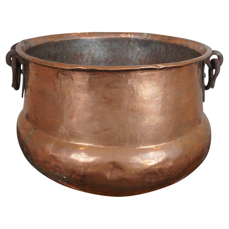 Monumental Antique Hammered Dovetailed Copper Iron Cauldron