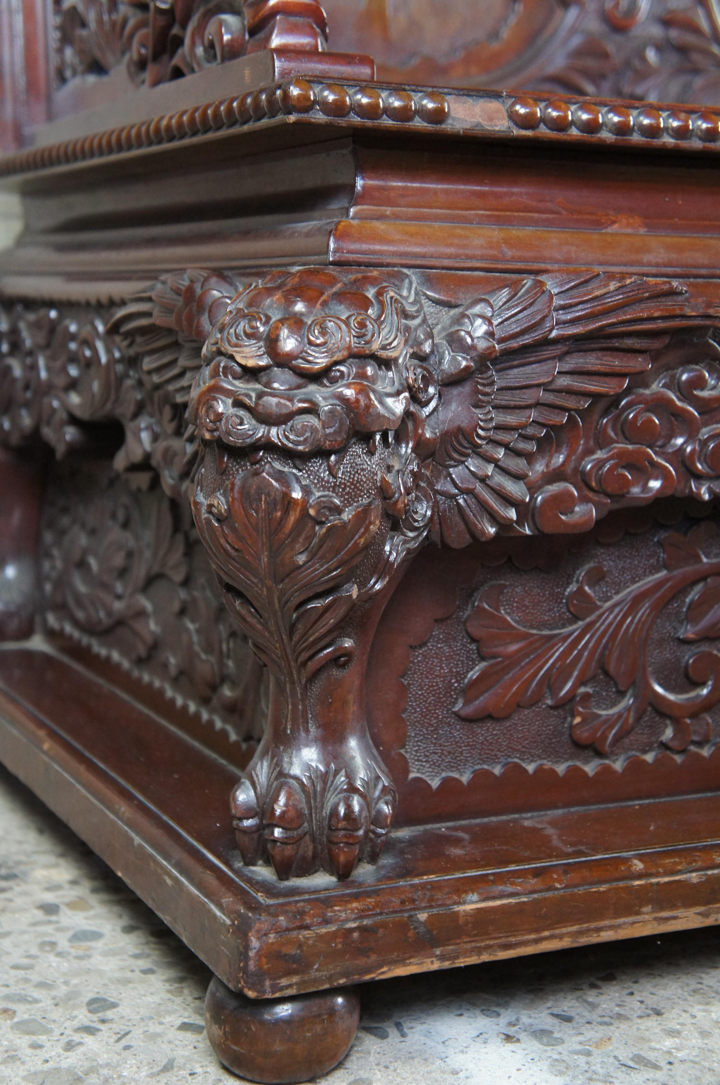 Monumental Antique Imperial Meiji Japanese Dragon Carved Bench Trunk Chest 5