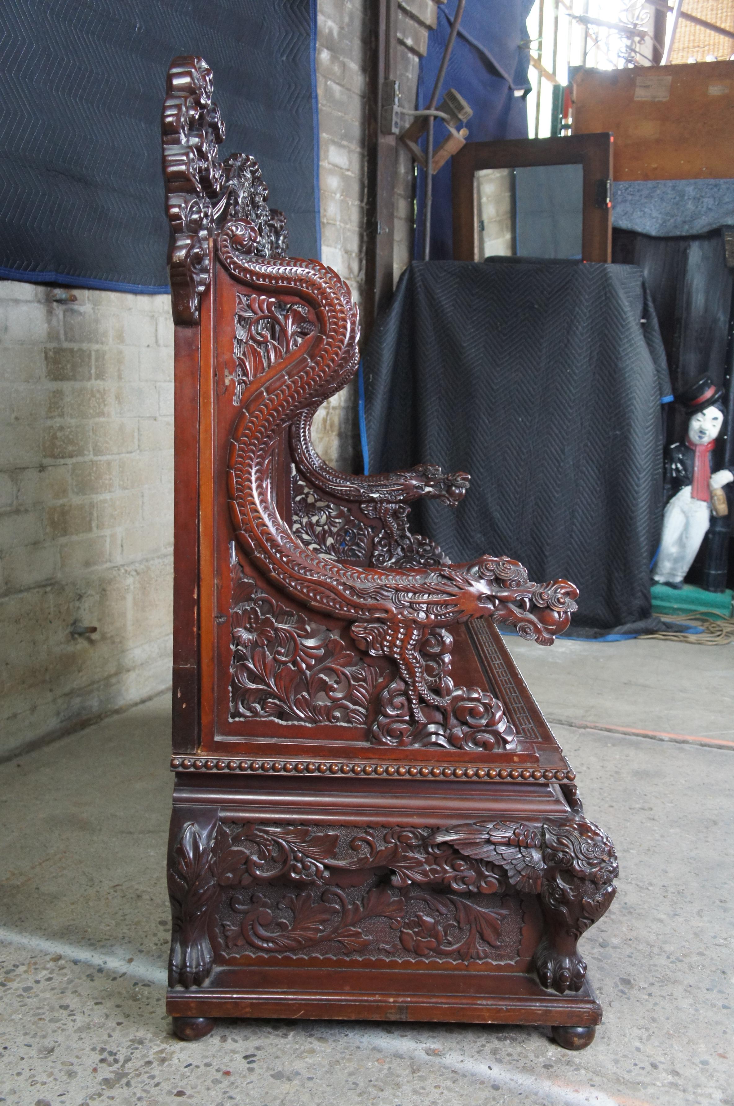 Monumental Antique Imperial Meiji Japanese Dragon Carved Bench Trunk Chest 7