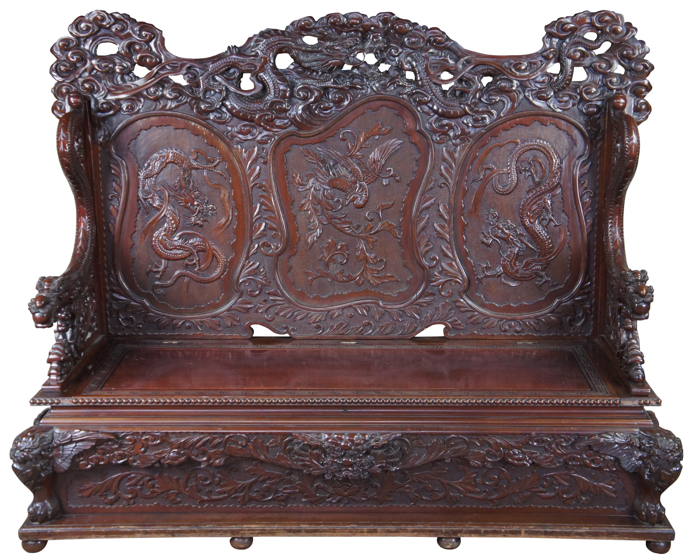 Monumental Antique Imperial Meiji Japanese Dragon Carved Bench Trunk Chest 8