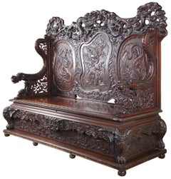 Monumental Antique Imperial Meiji Japanese Dragon Carved Bench Trunk Chest