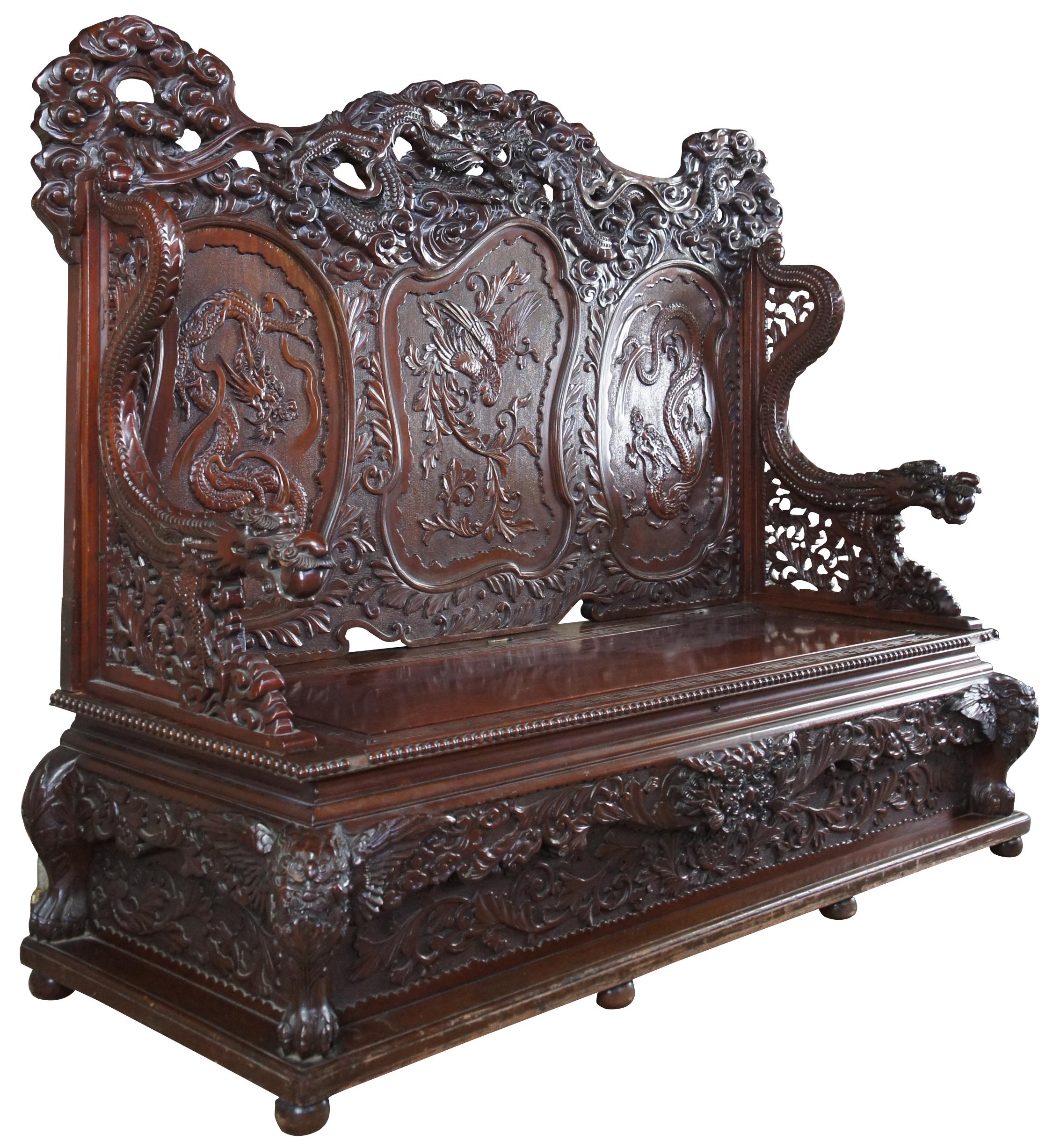 Monumental Antique Imperial Meiji Japanese Dragon Carved Bench Trunk Chest In Good Condition In Dayton, OH