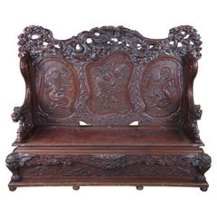 Monumental Antique Imperial Meiji Japanese Dragon Carved Bench Trunk Chest