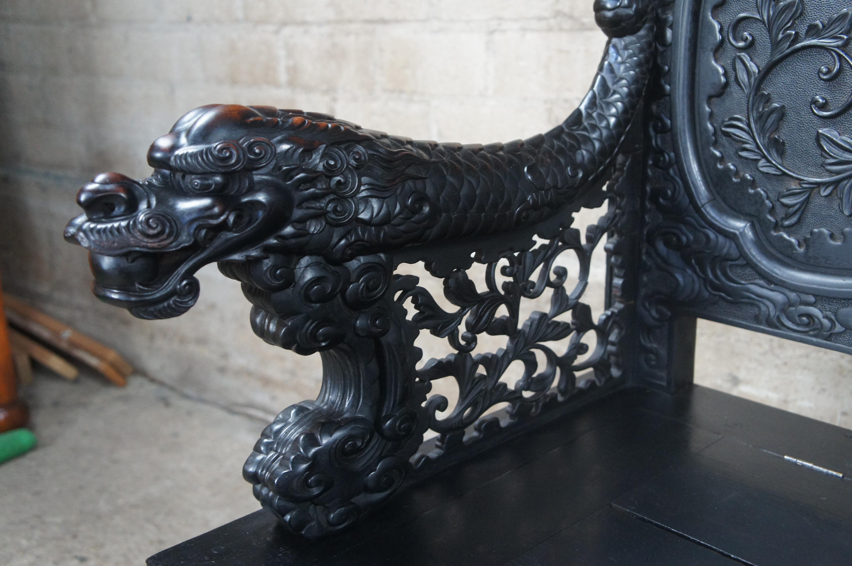 Monumental Antique Imperial Meiji Japanese Ebonized High Relief Carved Dragon For Sale 5