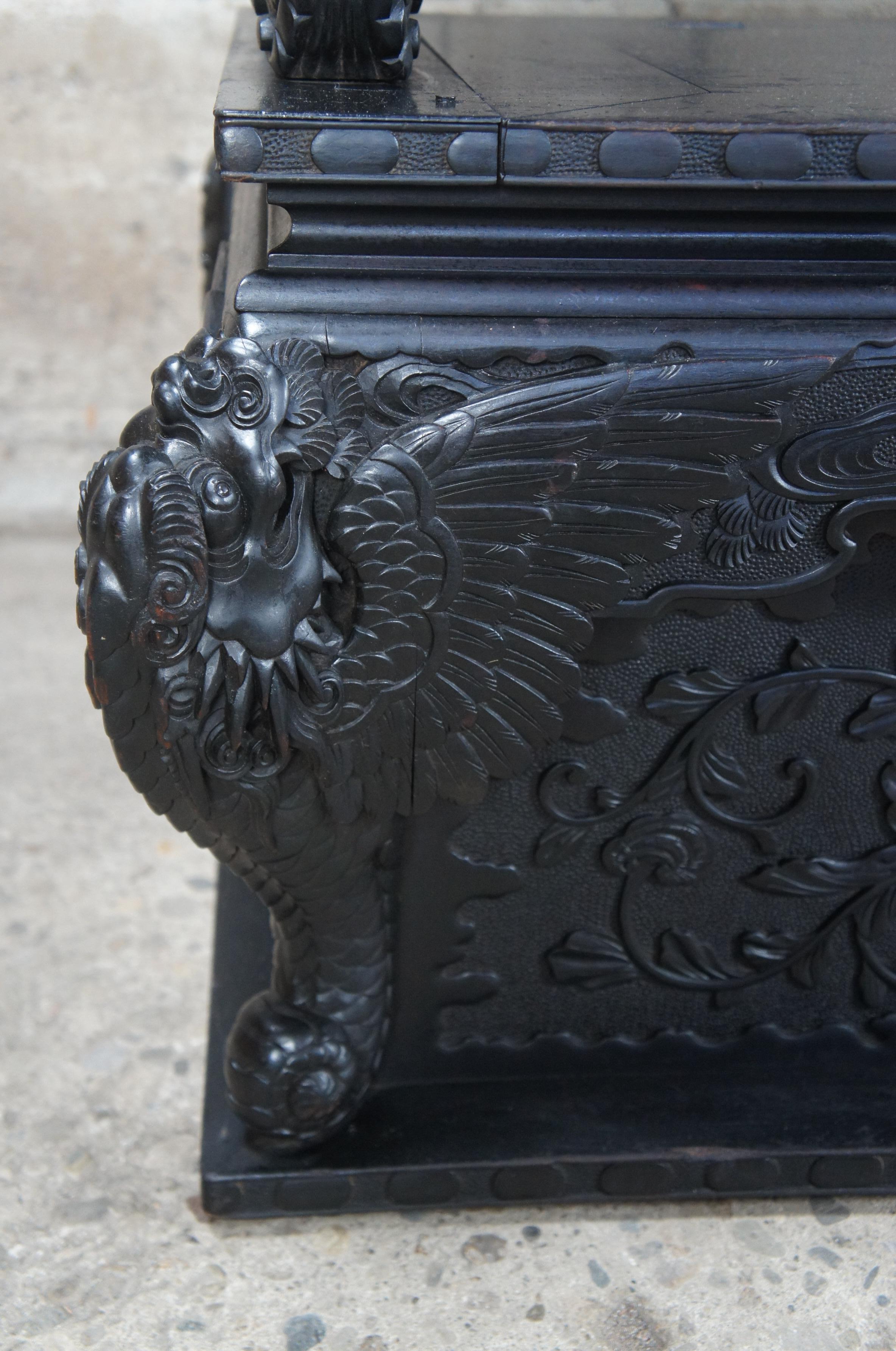 Monumental Antique Imperial Meiji Japanese Ebonized High Relief Carved Dragon For Sale 7