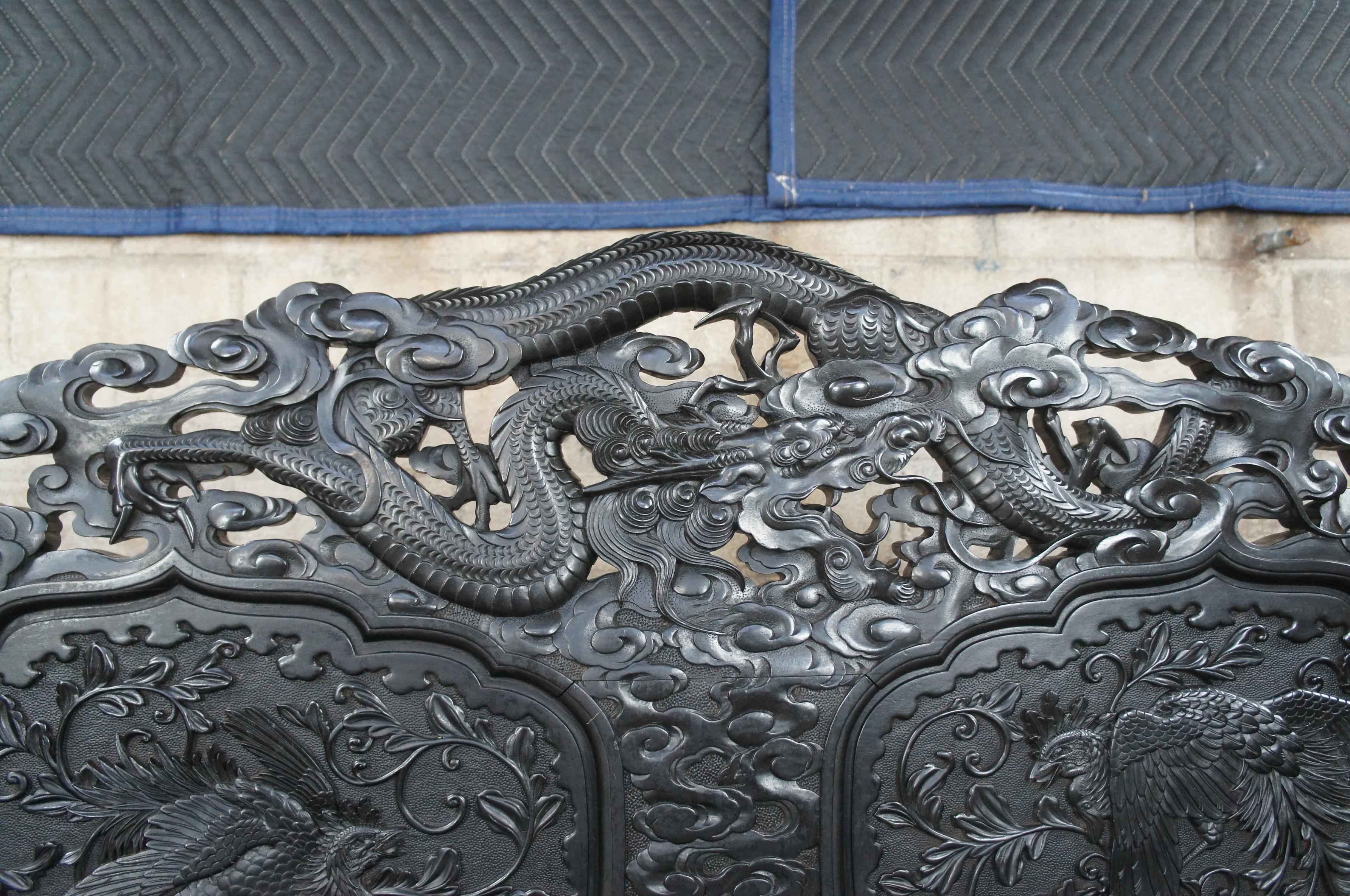Monumental Antique Imperial Meiji Japanese Ebonized High Relief Carved Dragon For Sale 4