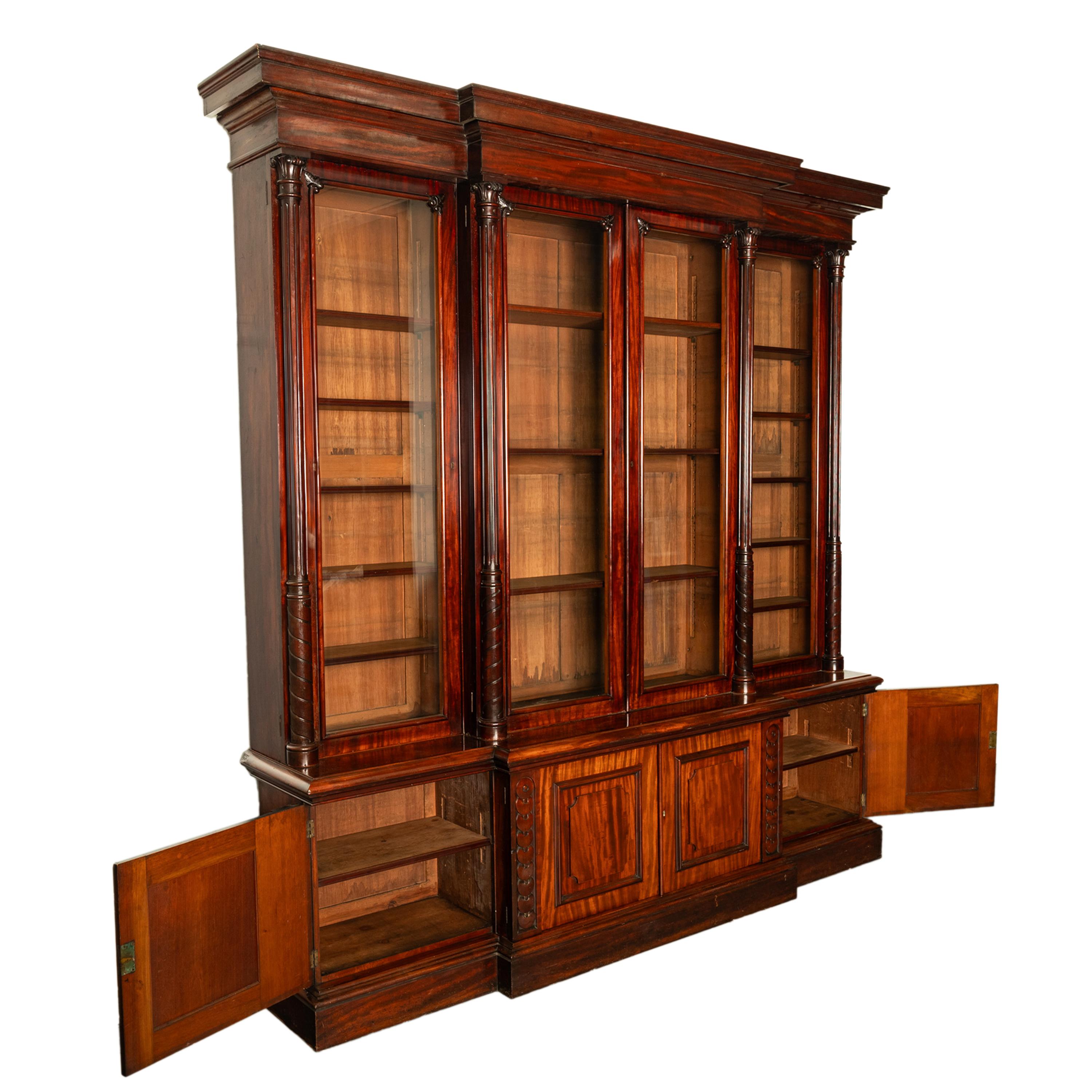 Monumental Antique Irish Carved Mahogany Breakfront Bookcase Bibliotheque 1850 4