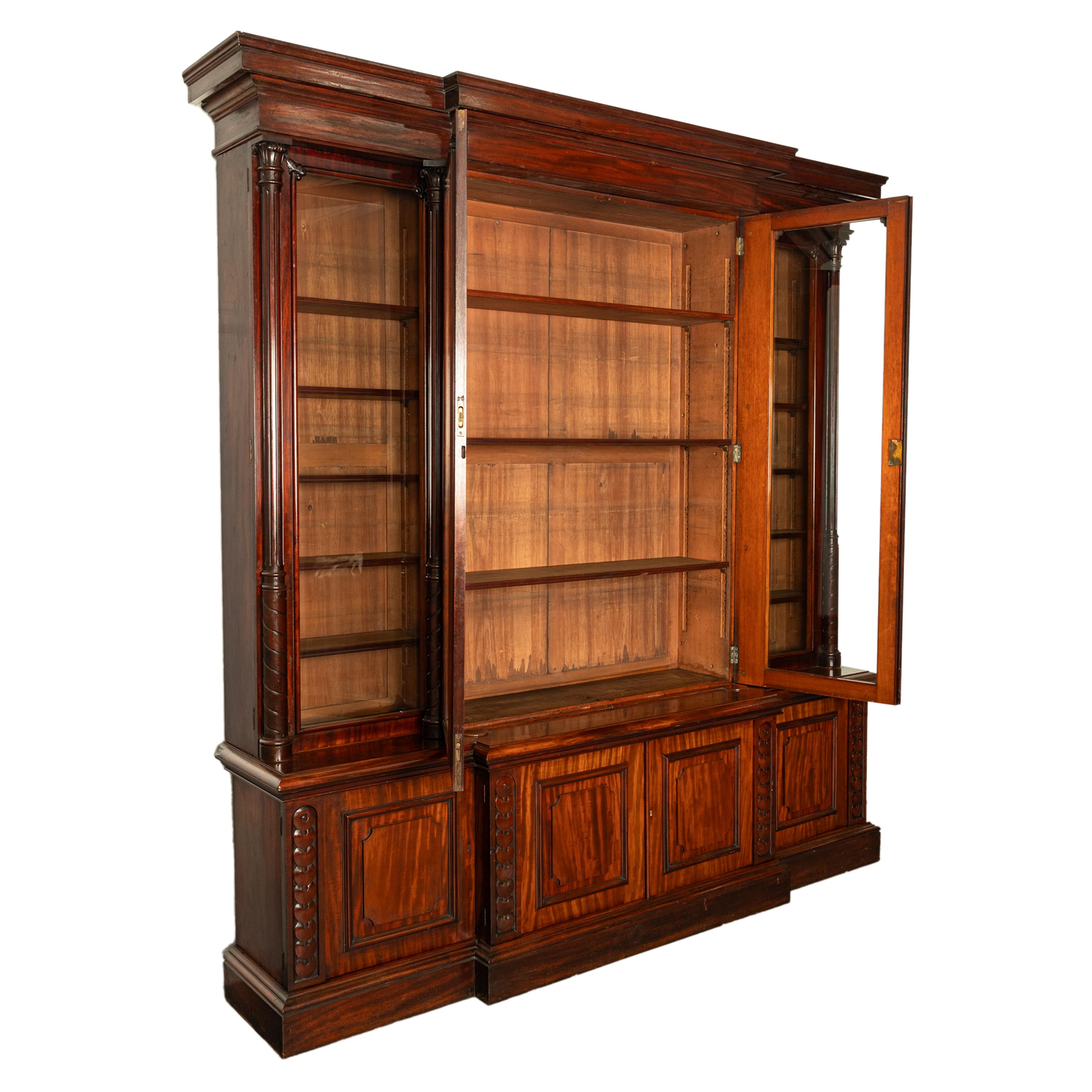 Monumental Antique Irish Carved Mahogany Breakfront Bookcase Bibliotheque 1850 6