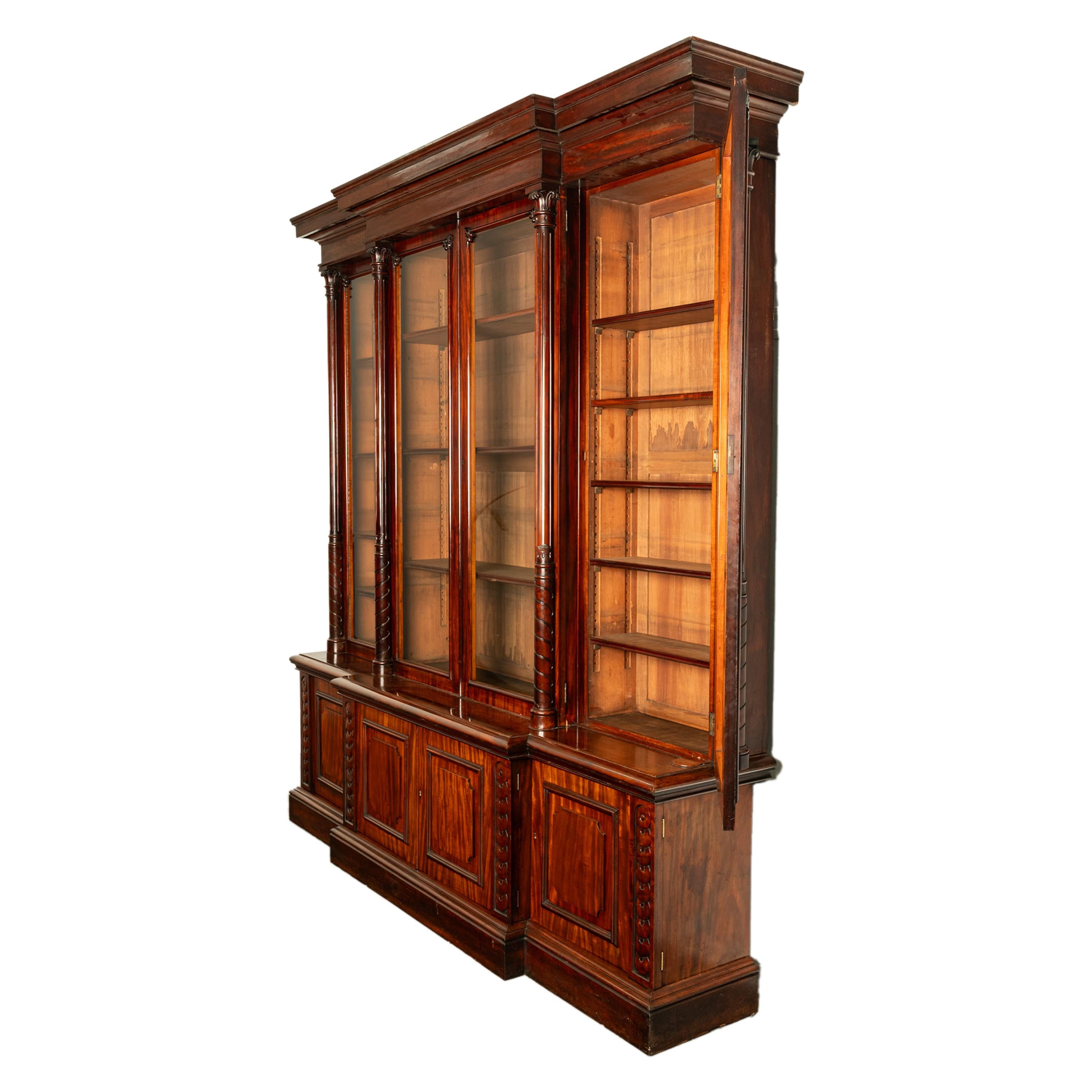 Monumental Antique Irish Carved Mahogany Breakfront Bookcase Bibliotheque 1850 7