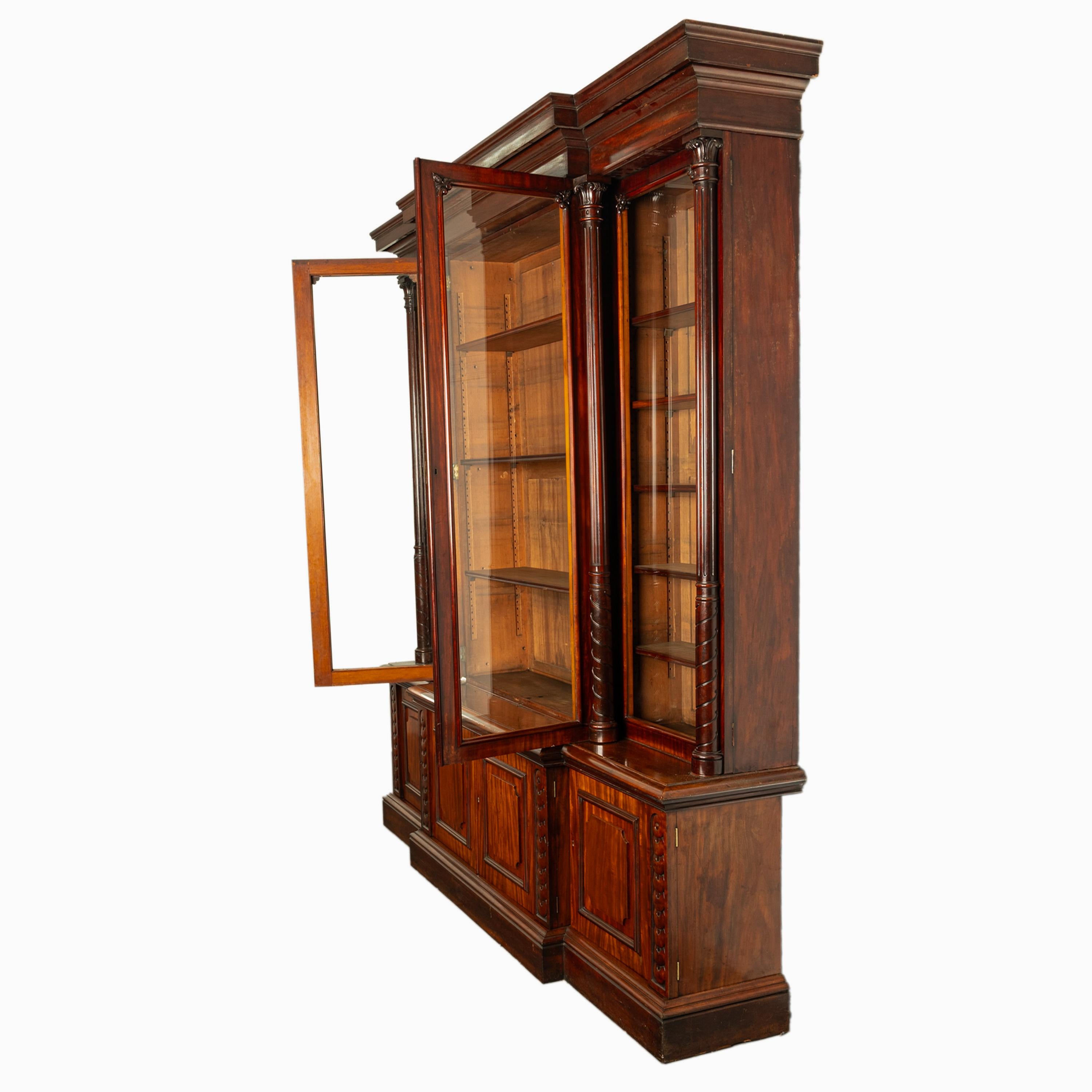 Monumental Antique Irish Carved Mahogany Breakfront Bookcase Bibliotheque 1850 8