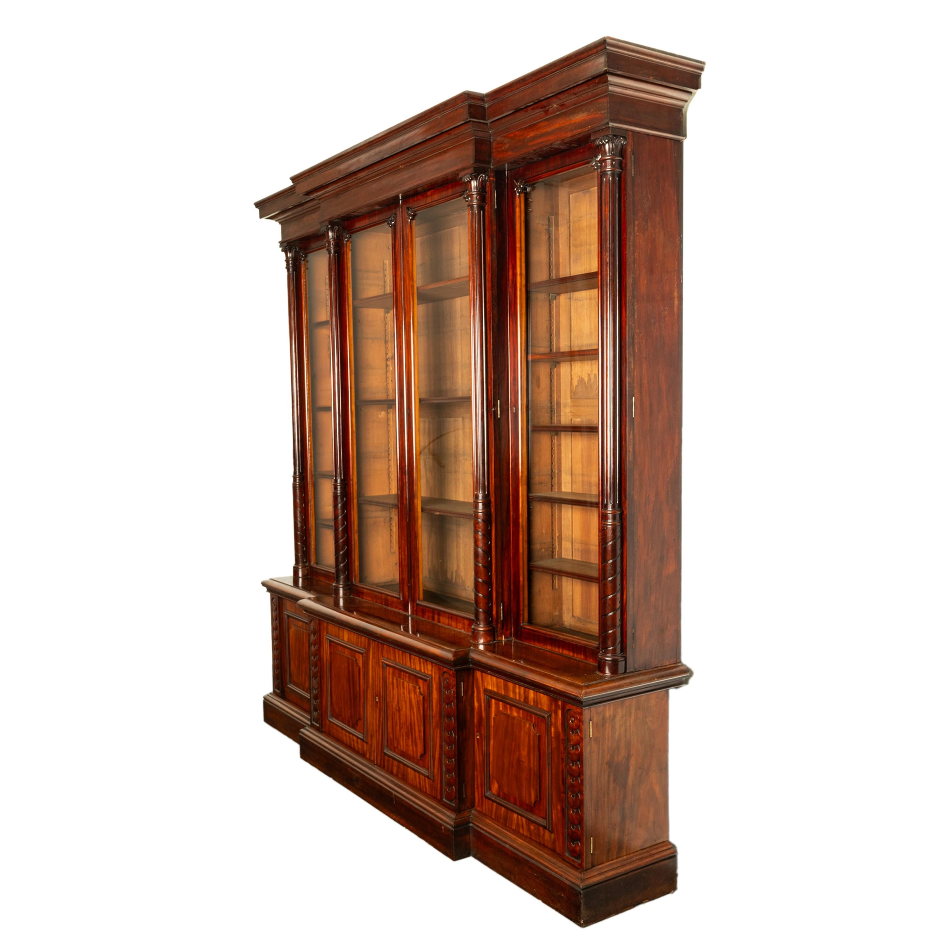 Monumental Antique Irish Carved Mahogany Breakfront Bookcase Bibliotheque 1850 9