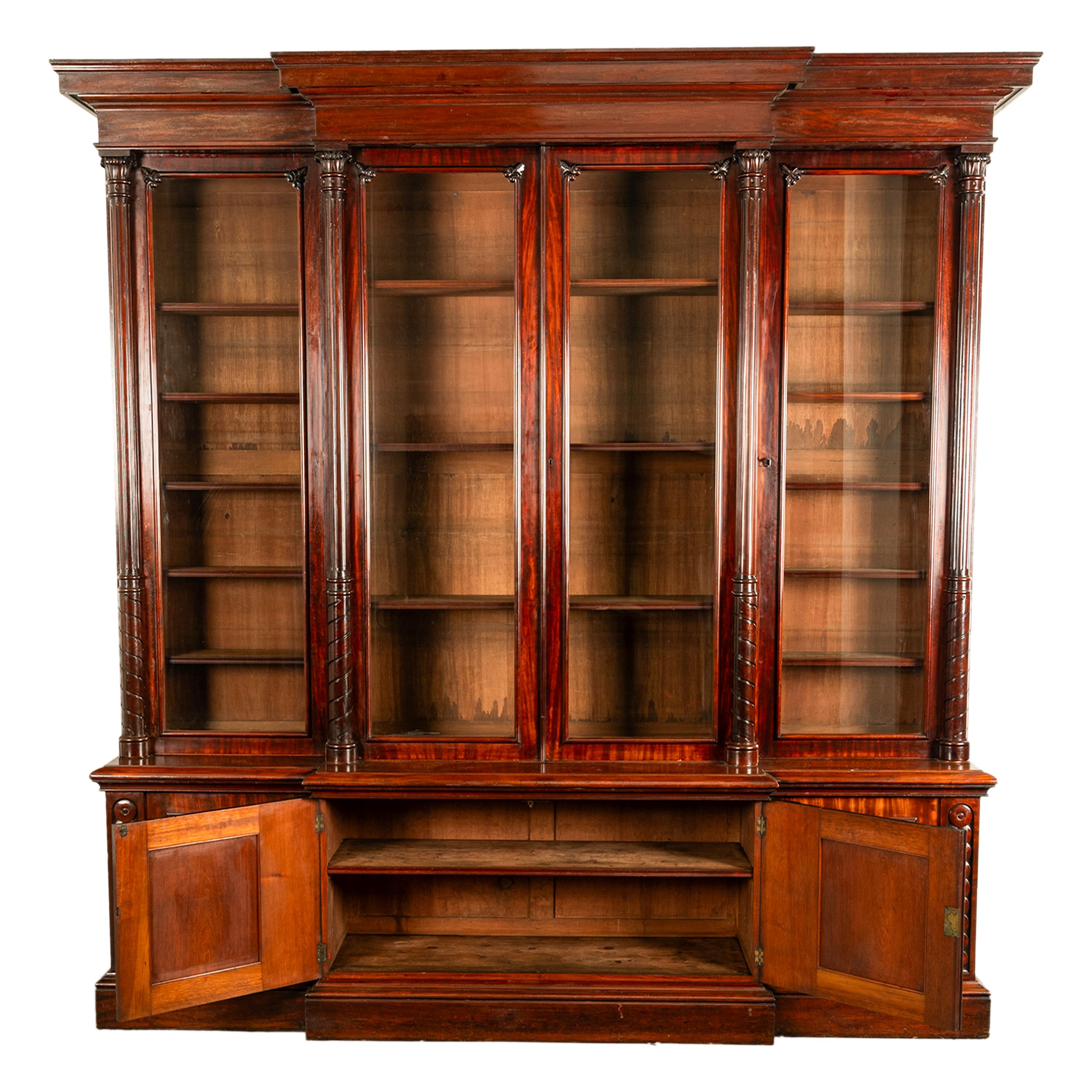 Monumental Antique Irish Carved Mahogany Breakfront Bookcase Bibliotheque 1850 1
