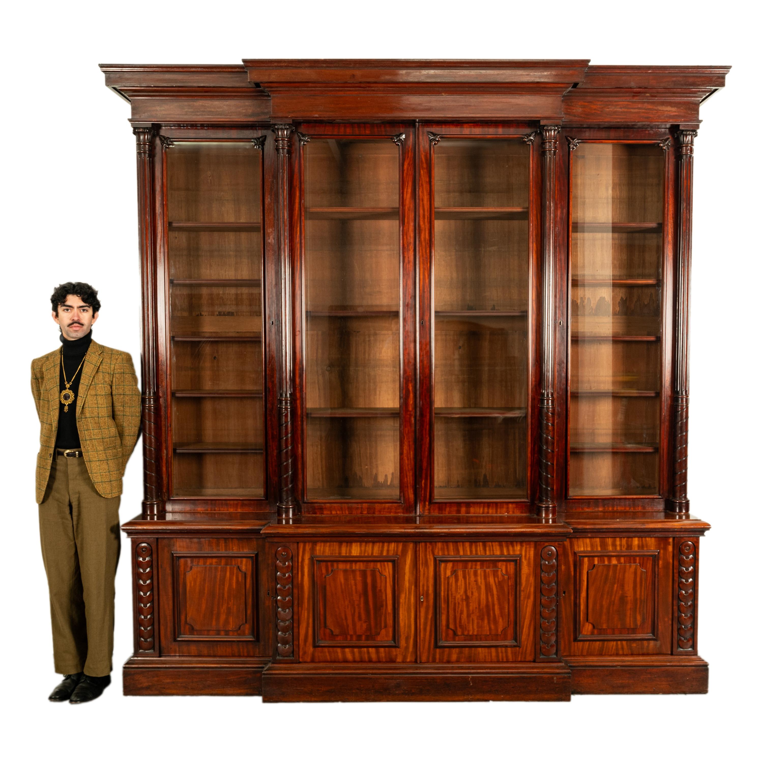 Monumental Antique Irish Carved Mahogany Breakfront Bookcase Bibliotheque 1850 In Good Condition In Portland, OR