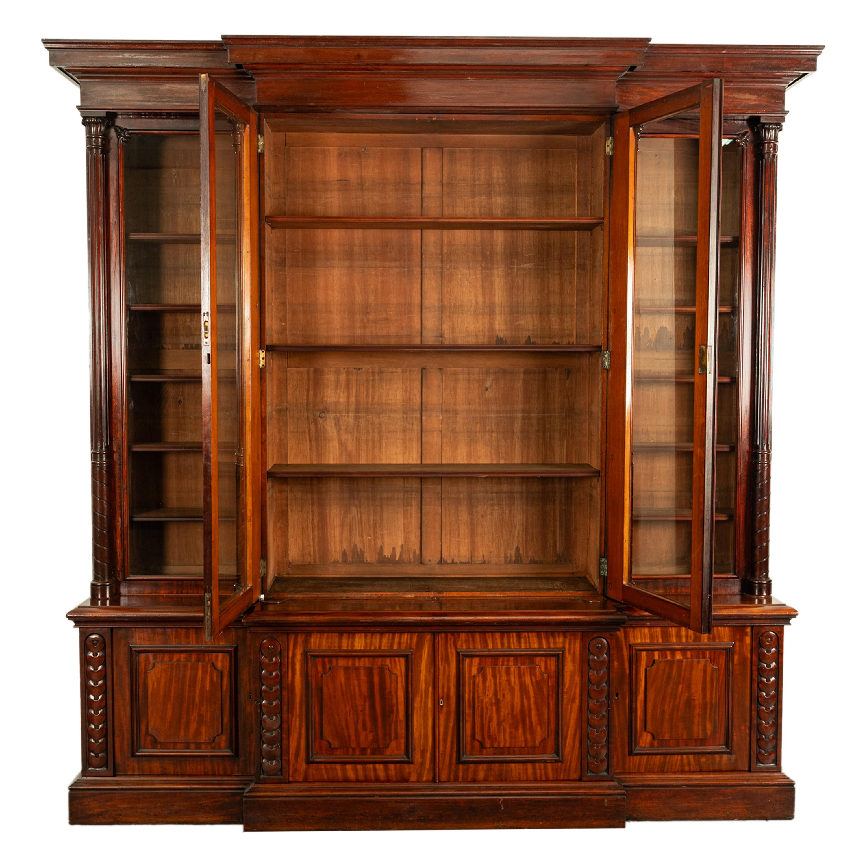19th Century Monumental Antique Irish Carved Mahogany Breakfront Bookcase Bibliotheque 1850