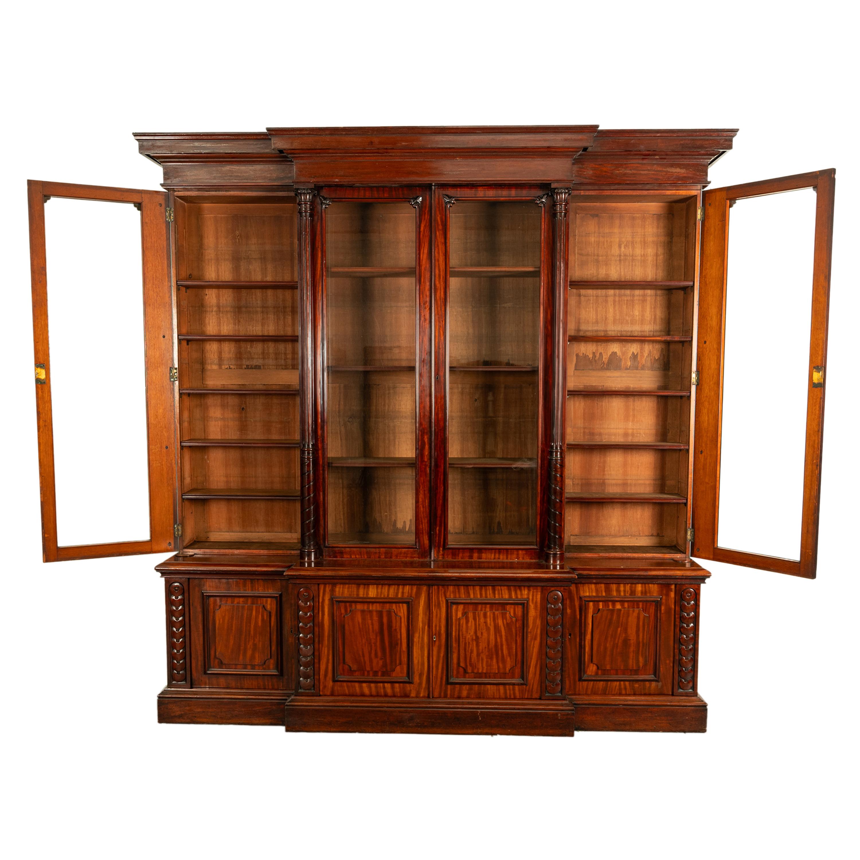 Glass Monumental Antique Irish Carved Mahogany Breakfront Bookcase Bibliotheque 1850