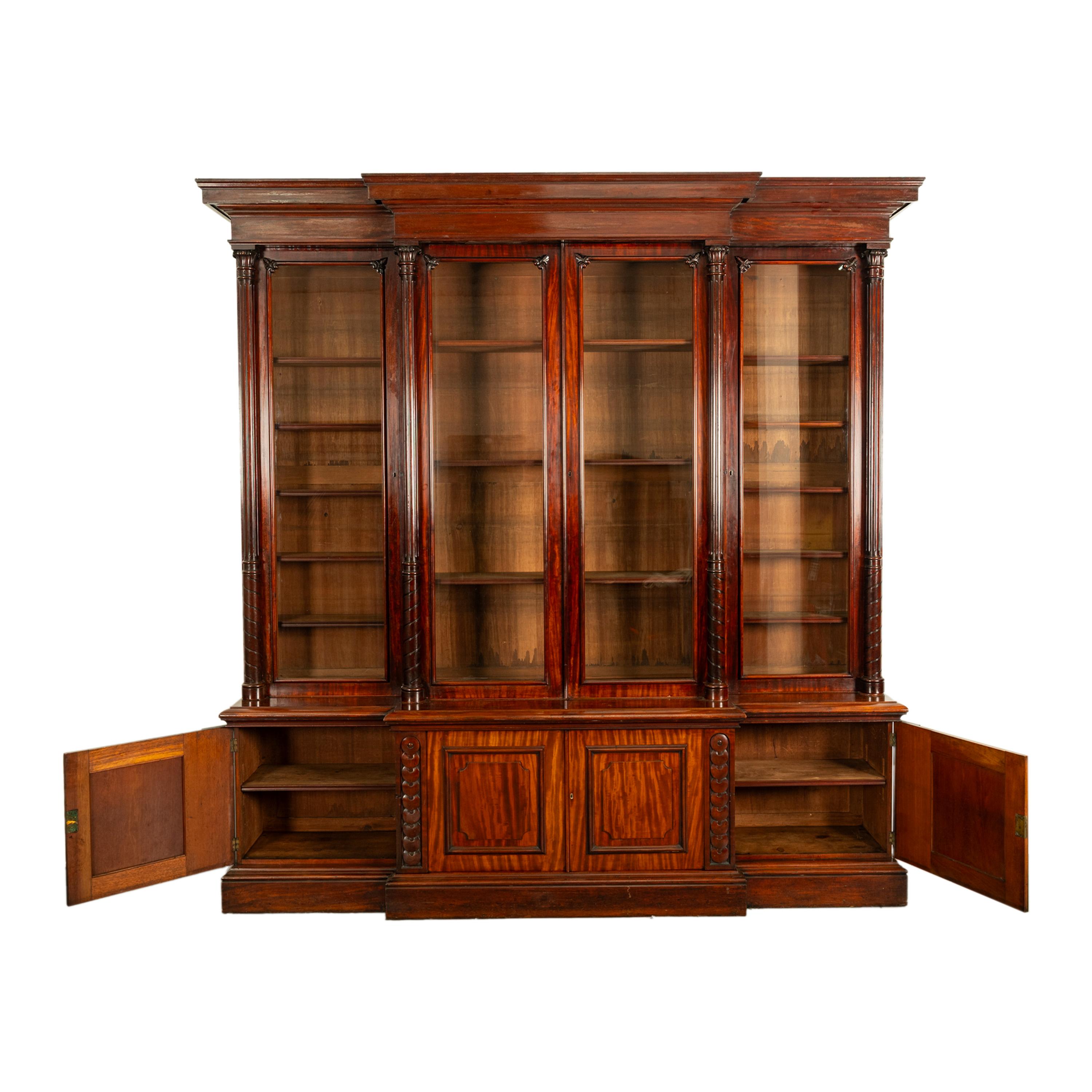 Monumental Antique Irish Carved Mahogany Breakfront Bookcase Bibliotheque 1850 2
