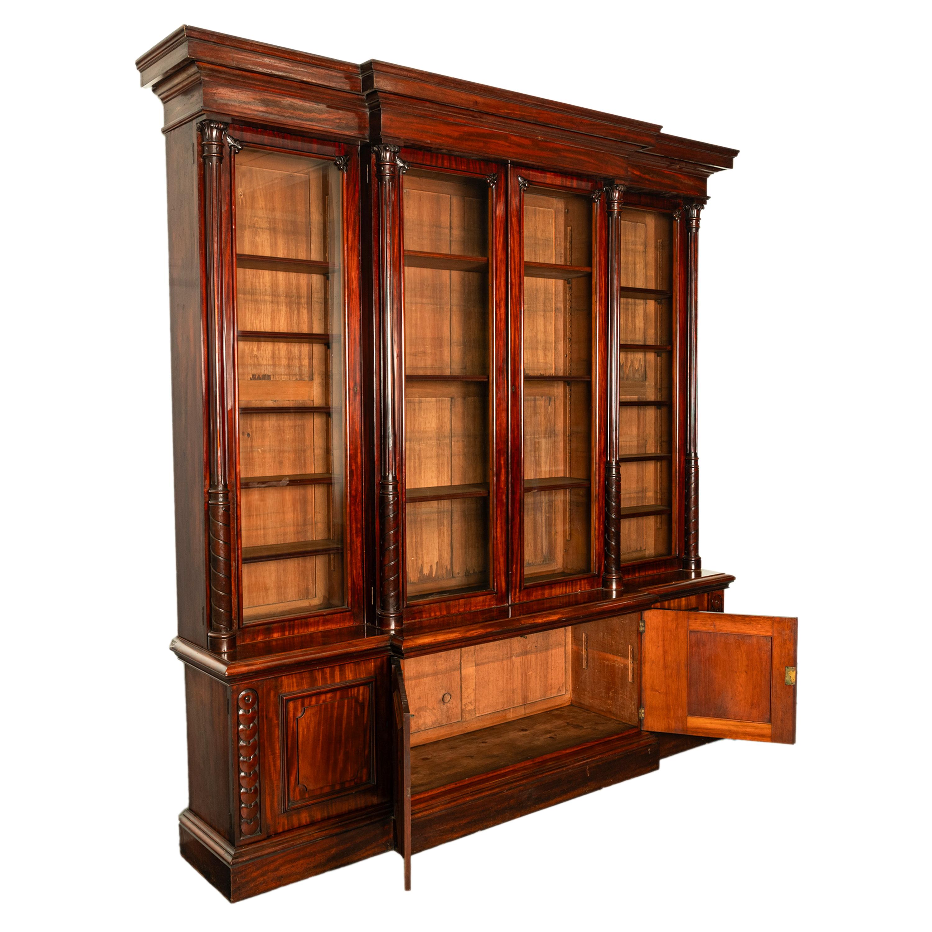 Monumental Antique Irish Carved Mahogany Breakfront Bookcase Bibliotheque 1850 3