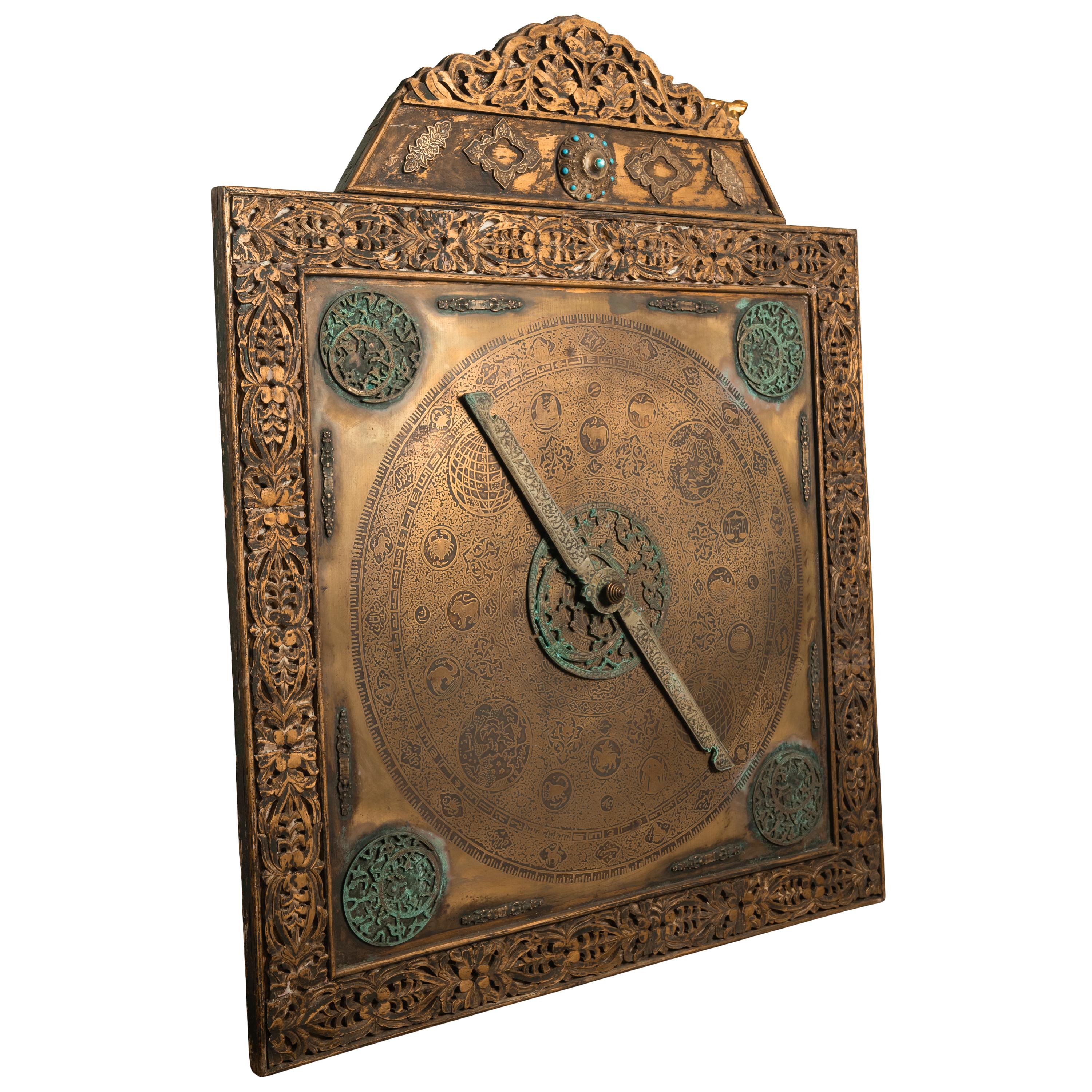 An incredibly rare 18th Century monumental palace size Ottoman Islamic astrolabe on an easel stand, Turkey, circa 1720.
This rare palace size Astrolabe on stand is in two sections, the top having a carved crest and a circular device inset with blue