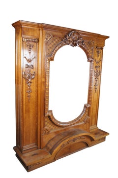 Monumental Antique Italian Baroque Neoclassical Carved Oak Overmantel Mirror 78"