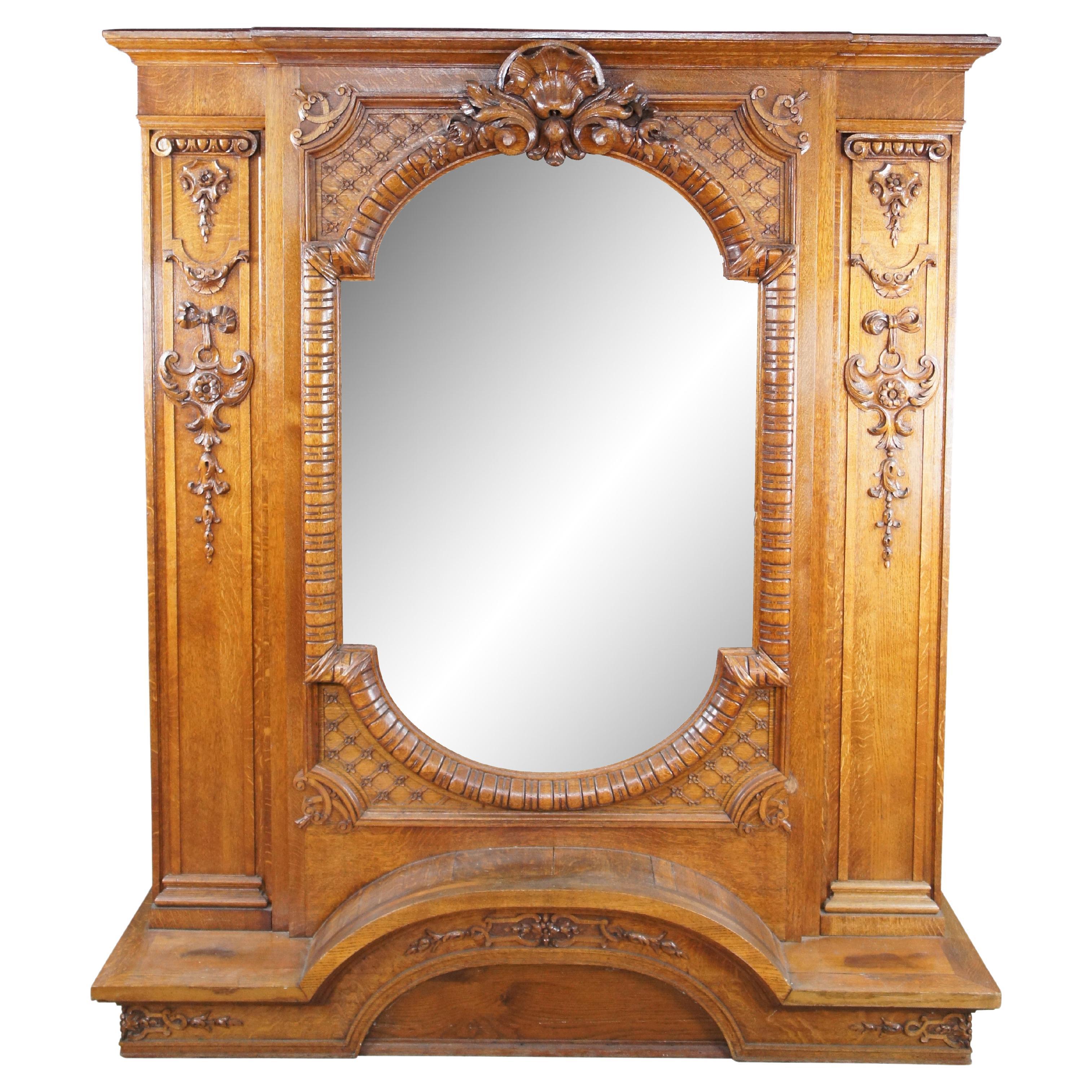 Monumental Antique Italian Baroque Neoclassical Carved Oak Overmantel Mirror 78"