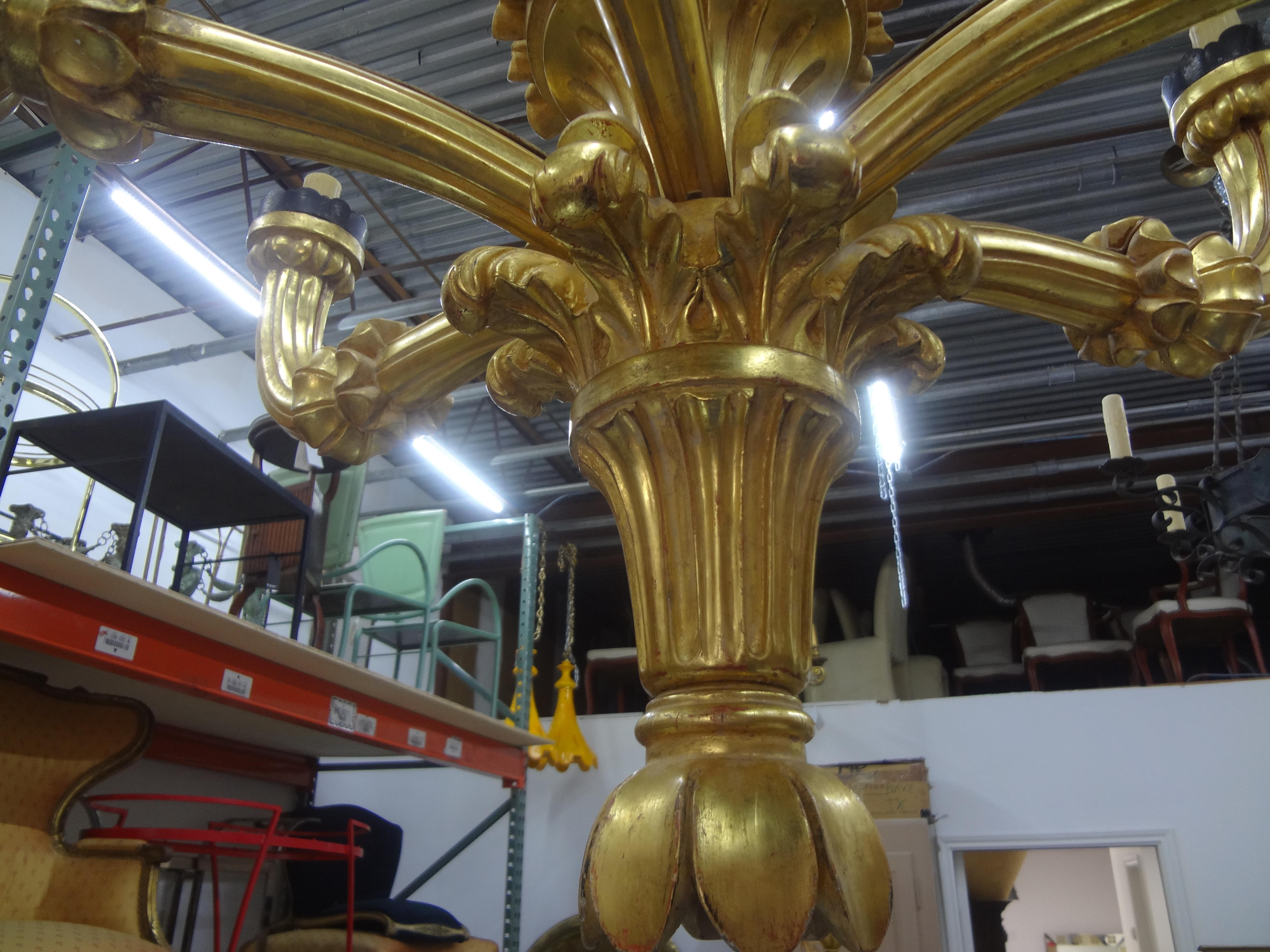 Monumental Antique Italian Giltwood Chandelier In Good Condition For Sale In Houston, TX
