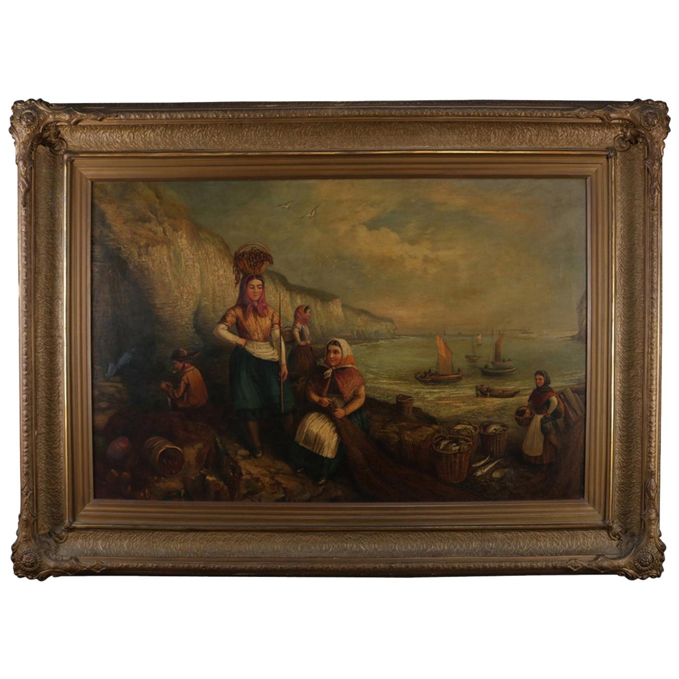 Monumental Antique Italian Oil on Canvas Genre Scene at Harbor, 19th Century