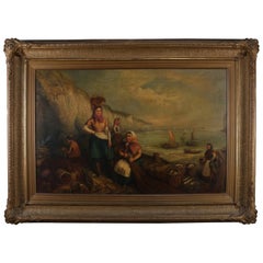 Monumental Antique Italian Oil on Canvas Genre Scene at Harbor, 19th Century