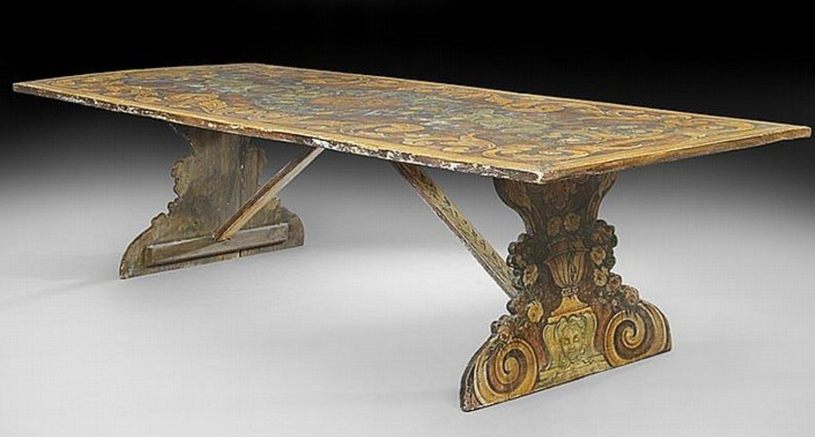 XIXe siècle Monumentale table de réfectoire italienne ancienne en bois peint en polychrome en vente