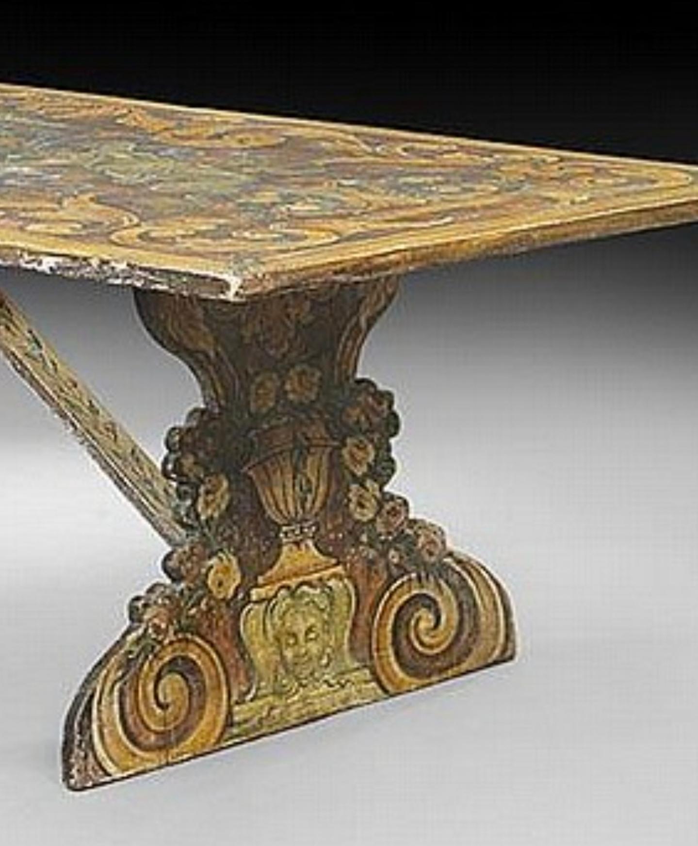 Gesso Monumentale table de réfectoire italienne ancienne en bois peint en polychrome en vente